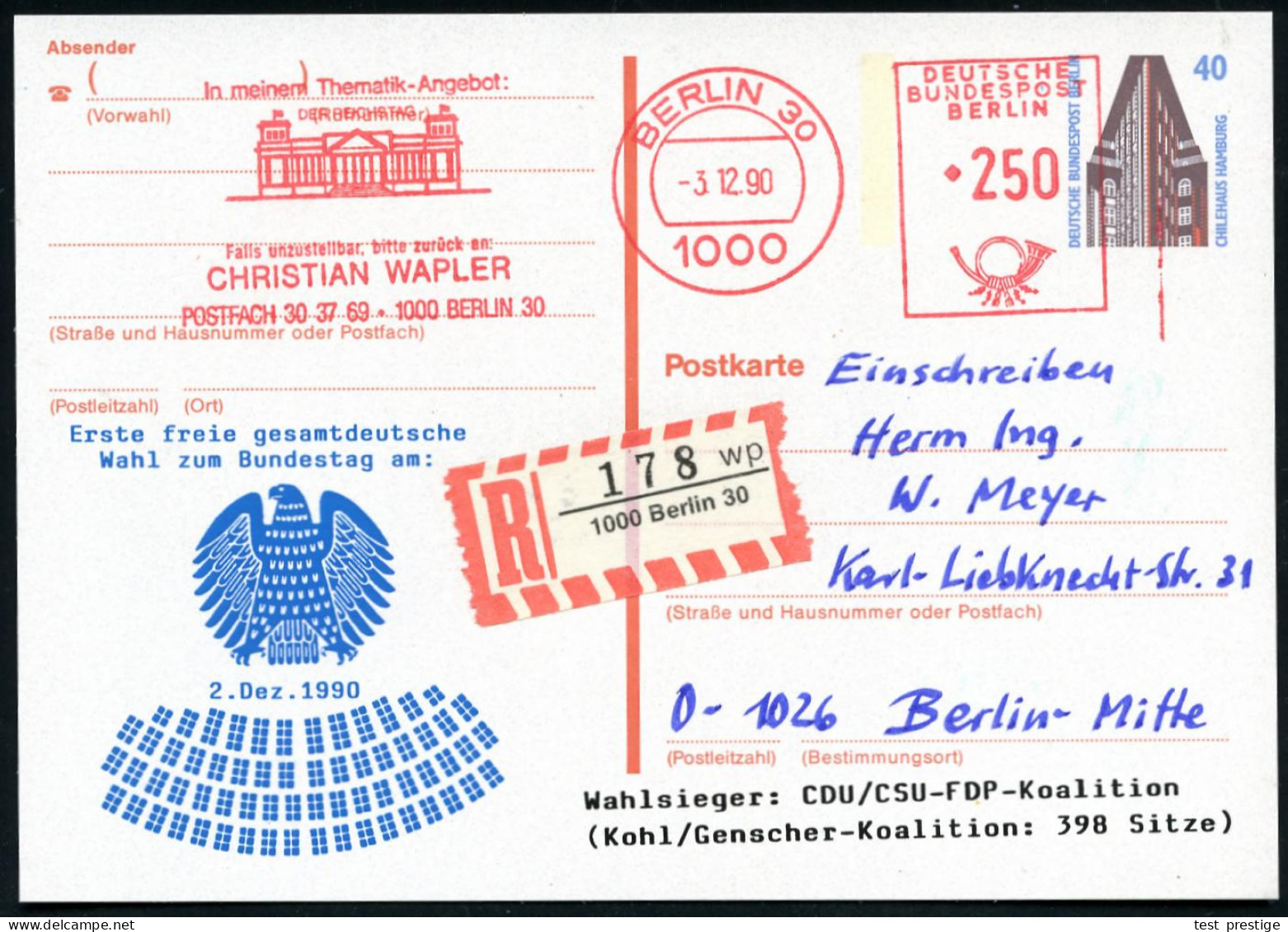 1000 BERLIN 30/ ..DER REICHSTAG.. 1990 (3.12.) AFS 250 Pf. = Reichstag Als VE Auf Amtl. P. 40 Pf. Chilehaus + Zudruck: E - Otros & Sin Clasificación