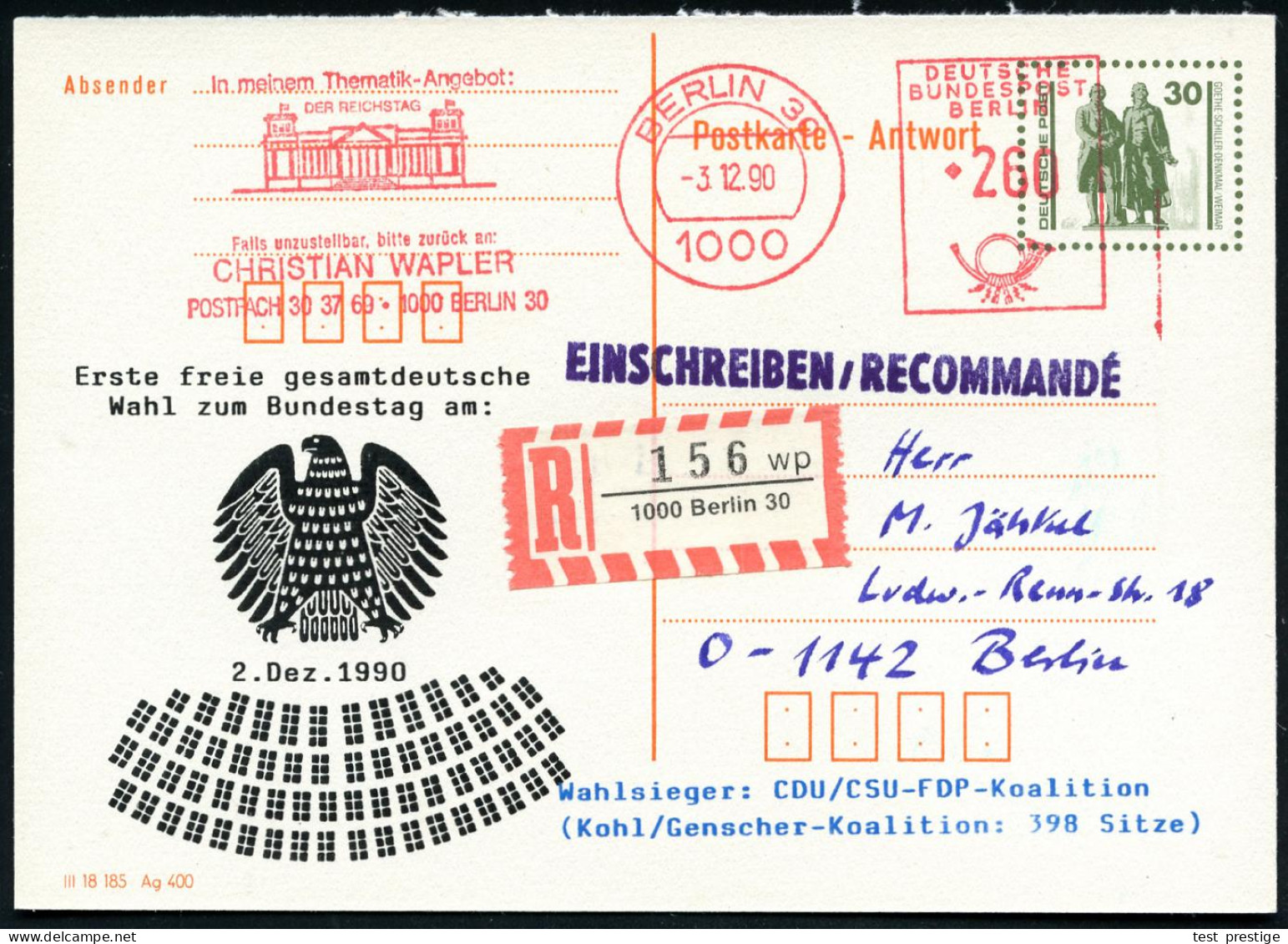 1000 BERLIN 30/ ..DER REICHSTAG.. 1990 (3.12.) AFS 260 Pf. = Reichstag Auf Amtl. VGO Antwort-P 30 Pf. Goethe/Schiller +  - Otros & Sin Clasificación