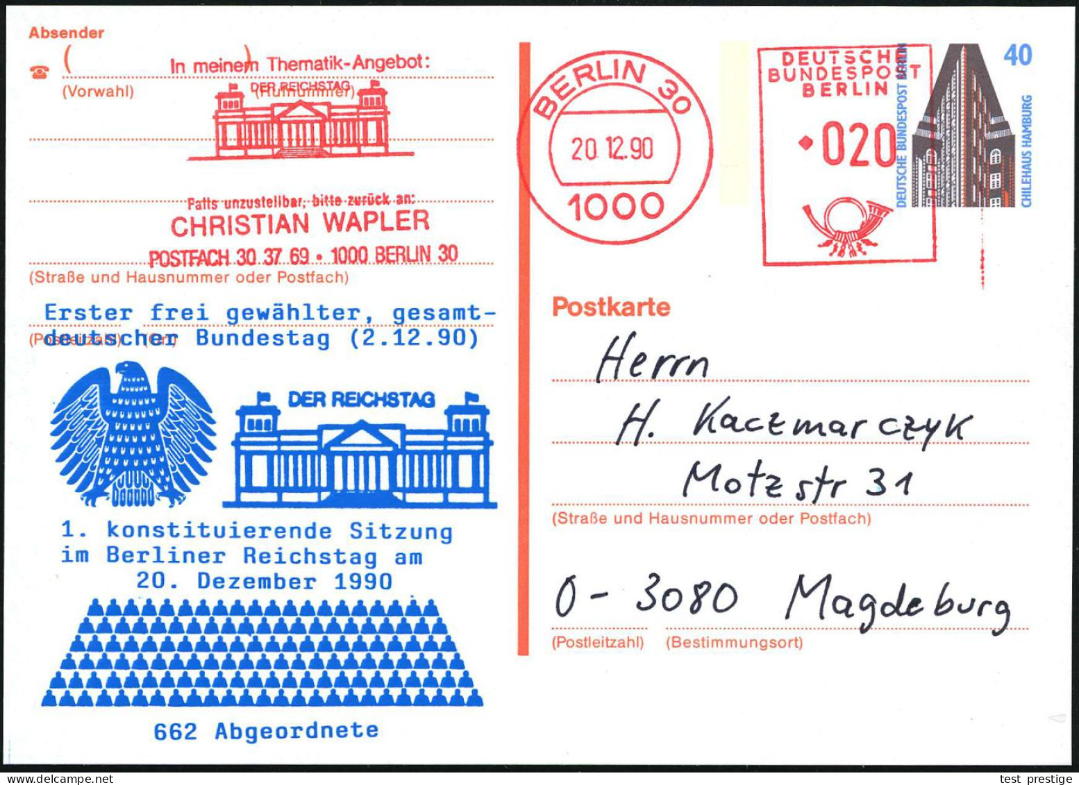 1000 BERLIN 30/ ..DER REICHSTAG.. 1990 (20.12.) AFS 020 Pf. = Reichstag Als VE Auf Amtl. P 40 Pf. Chilehaus + Zudruck: E - Sonstige & Ohne Zuordnung