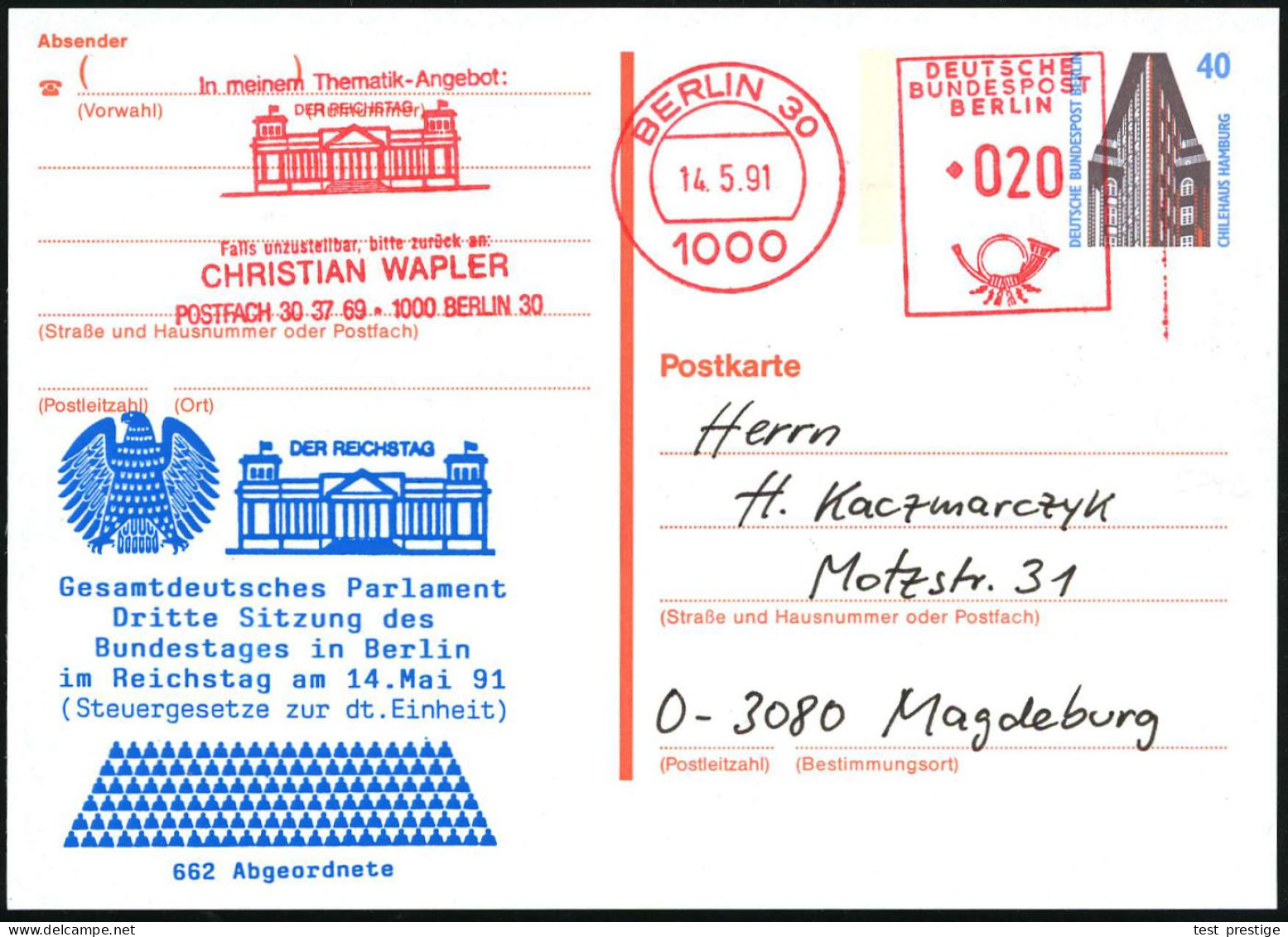 1000 BERLIN 30/ ..DER REICHSTAG.. 1991 (14.5.) AFS 020 Pf. = Reichstag Als VE Auf Amtl. P 40 Pf. Chilehaus + Zudruck: Ge - Other & Unclassified