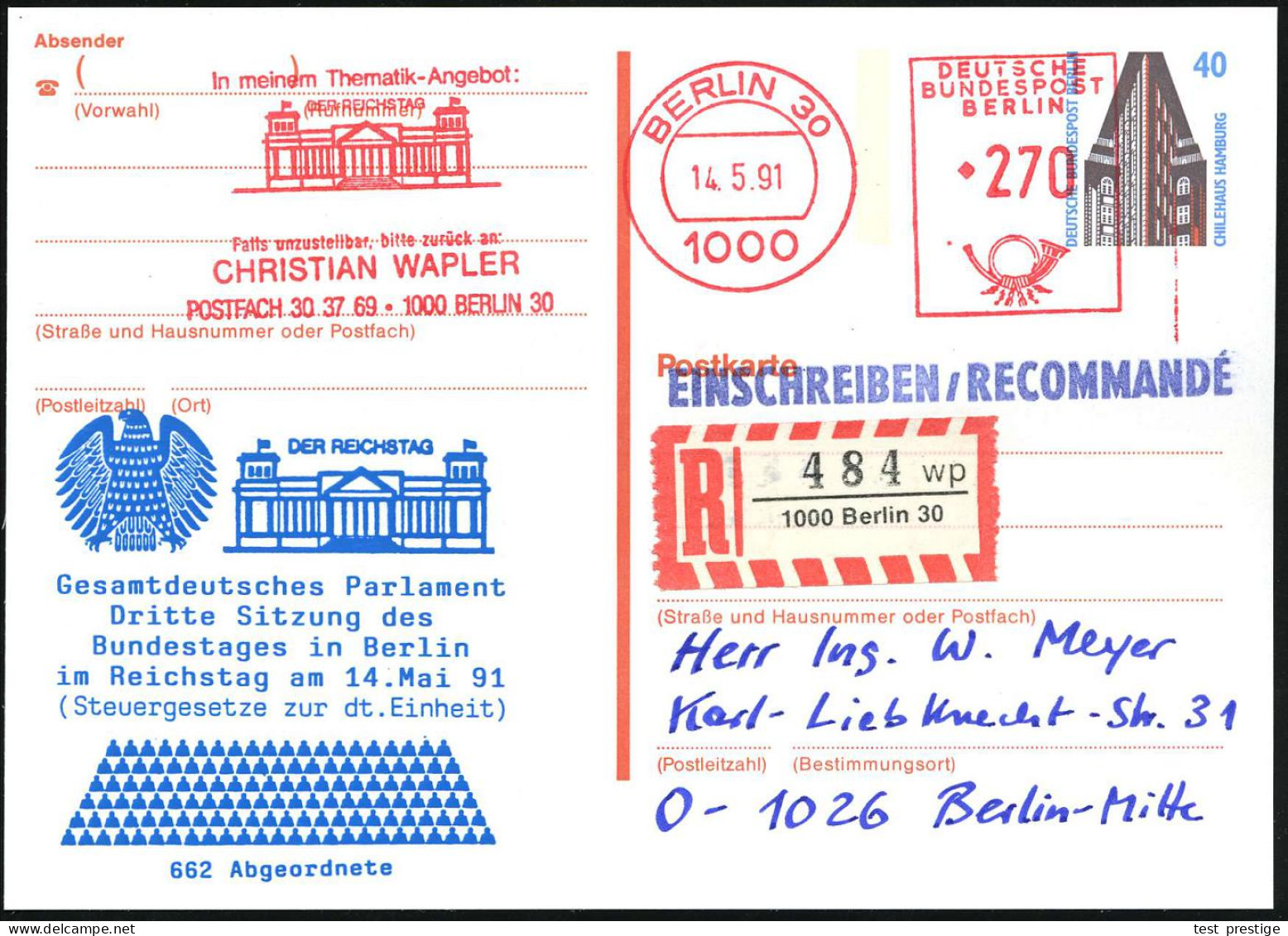 1000 BERLIN 30/ ..DER REICHSTAG.. 1991 (14.5.) AFS 270 Pf. = Reichstag Als VE Auf Orts-P. 40 Pf. Chilehaus + Zudruck: DE - Autres & Non Classés