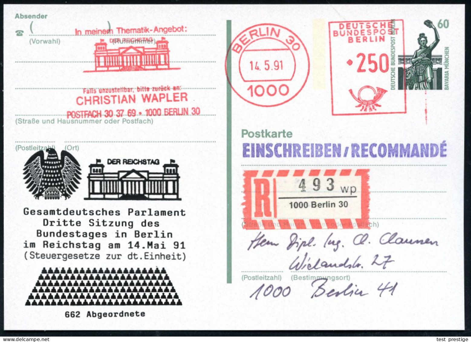 1000 BERLIN 30/ ..DER REICHSTAG.. 1991 (14.5.) AFS 250 Pf. = Reichstag Als VE Auf Amtl. P 60 Pf. Bavaria, Grün + Zudruck - Autres & Non Classés