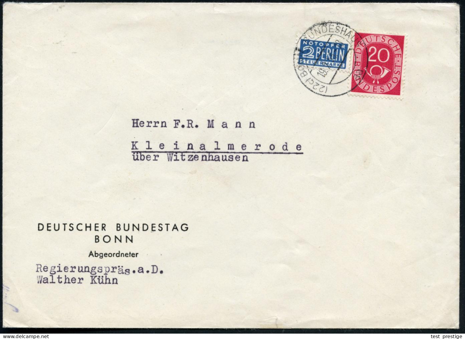 (22c) BONN  B U N D E S H A U S /  Aa 1953 (19.2.) 2K-Steg = Hauspostamt Bundestag Auf Dienst-Bf.: DEUTSCHER BUNDESTAG B - Other & Unclassified
