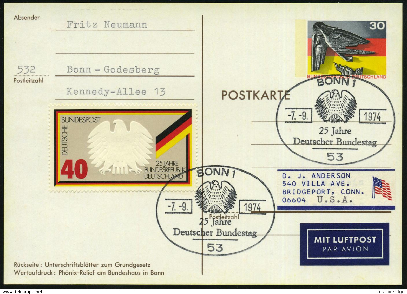 53 BONN 1/ 25 Jahre/ Deutscher Bundestag 1974 (7.9.) SSt (Bundesadler) + Motivgl. 40 Pf. "25 Jahre BRD" (Mi.807) Auf Son - Otros & Sin Clasificación