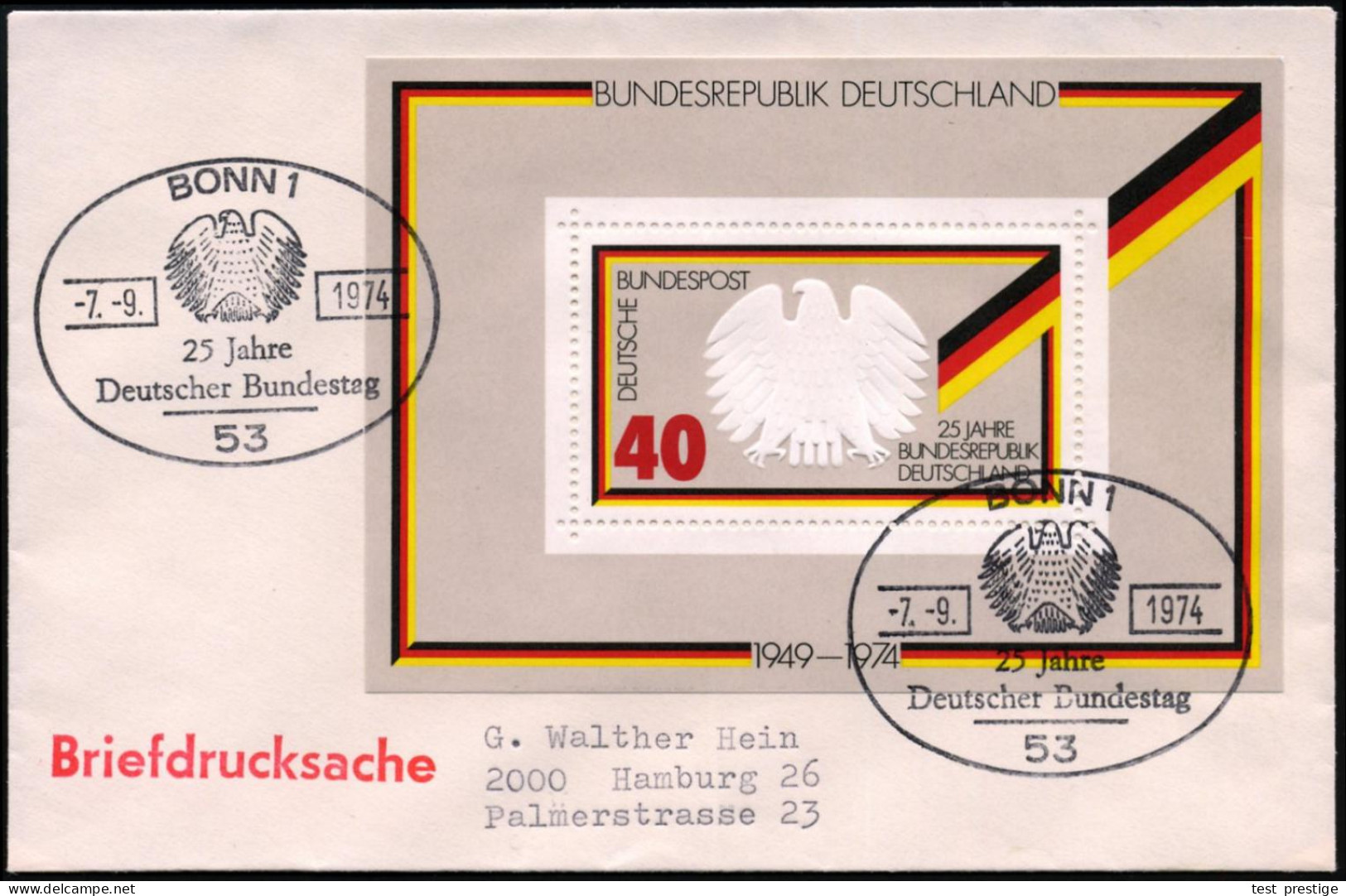 53 BONN 1/ 25 Jahre/ Deutscher Bundestag 1974 (7.9.) SSt Auf EF 40 Pf. Jubil.-Block "25 Jahre BRD" (Mi.Bl.10 EF) Inl.-Bf - Other & Unclassified