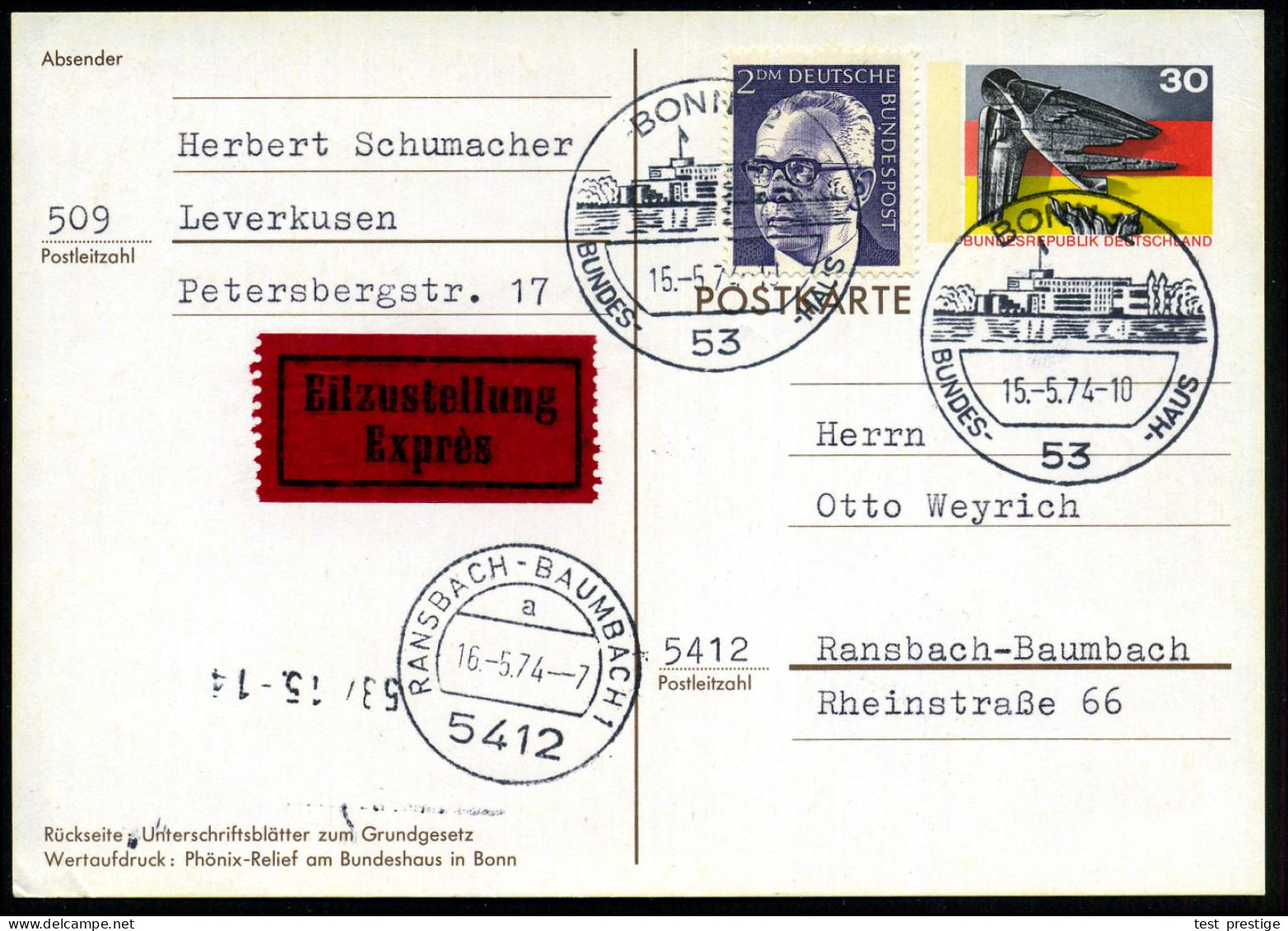 53 BONN 12/ BUNDES-HAUS 1974 (15.5.) HWSt = Hauspostamt Bundestag Ohne UB (Bundeshaus) 2x Klar Auf Sonder-P 30 Pf. "25 J - Autres & Non Classés