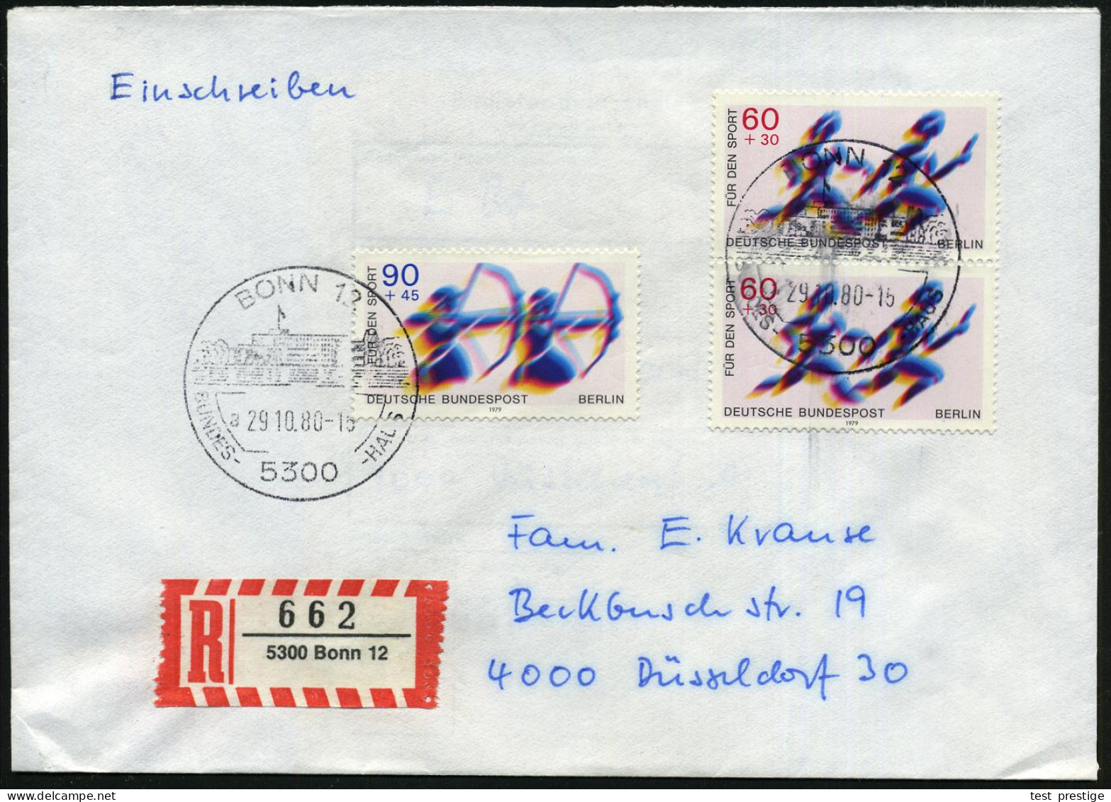 5300 BONN 12/ A/ BUNDES-HAUS 1980 (29.10.) HWSt = Hauspostamt Bundestag (Bundeshaus) + RZ: 5300 Bonn 12, Inl.-R-Bf.  (Bo - Andere & Zonder Classificatie