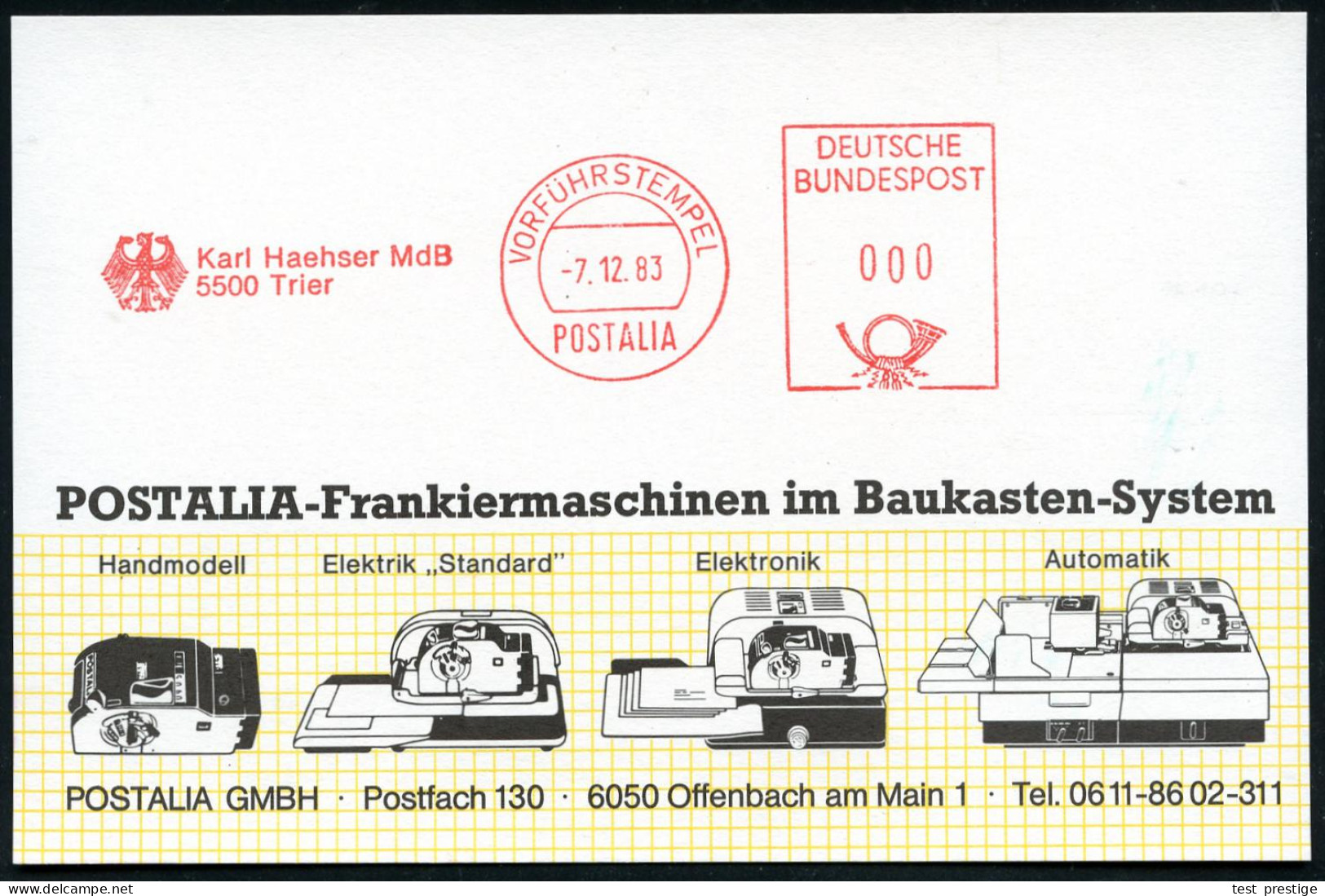 5500 Trier 1983 (7.12.) AFS: VORFÜHRSTEMPEL/POSTALIA/Karl Heahser MdB (Bundesadler) Seltene Postalia-Muster-Kt. - B.R.D. - Sonstige & Ohne Zuordnung