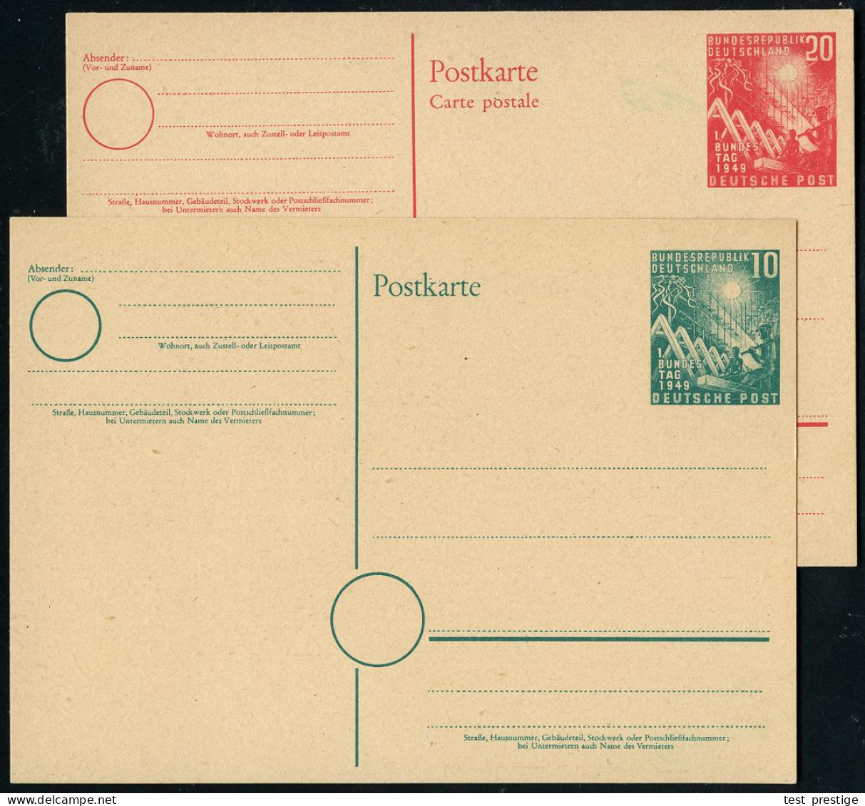 B.R.D. 1949 10 Pf. U. 20 Pf. Sonder-P. "1.Bundestag" = Kompl. Satz , Ungebr. (Mi.PSo 1 + 2, + 58.- EUR 2005) - B.R.D.: R - Sonstige & Ohne Zuordnung