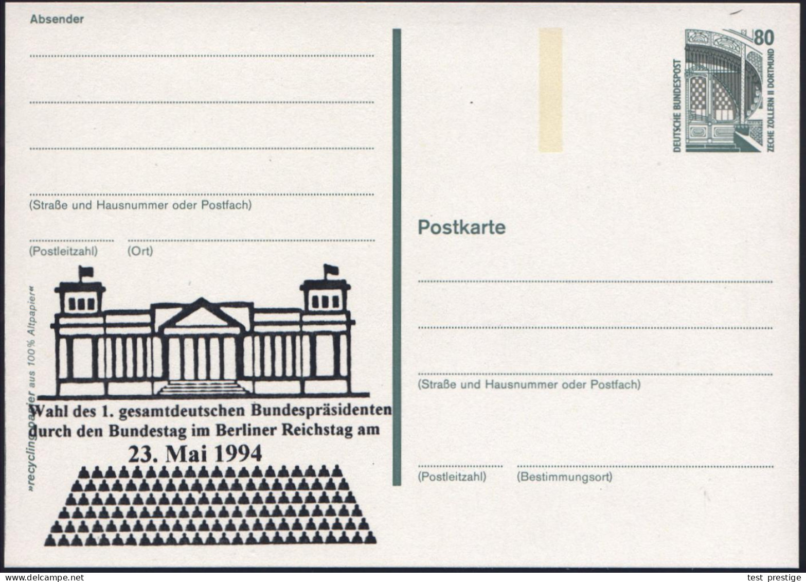 Berlin 1994 (23.5.) Amtl. Ausl.-P 80 Pf. Zeche Zollen + Zudruck: Wahl Des 1. Gesamtdeutschen Bundespräsidenten/..Reichst - Otros & Sin Clasificación