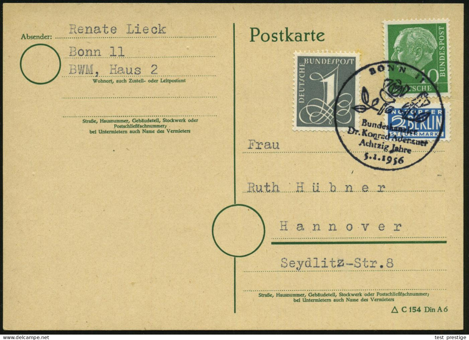 BONN 11/ Bundeskanzler/ Dr.Konrad Adenauer/ Achtzig Jahre 1956 (5.1.) SSt Vom Postamt 11 (2 Rosen) Klar Gest.Bedarfs-Kt. - Other & Unclassified