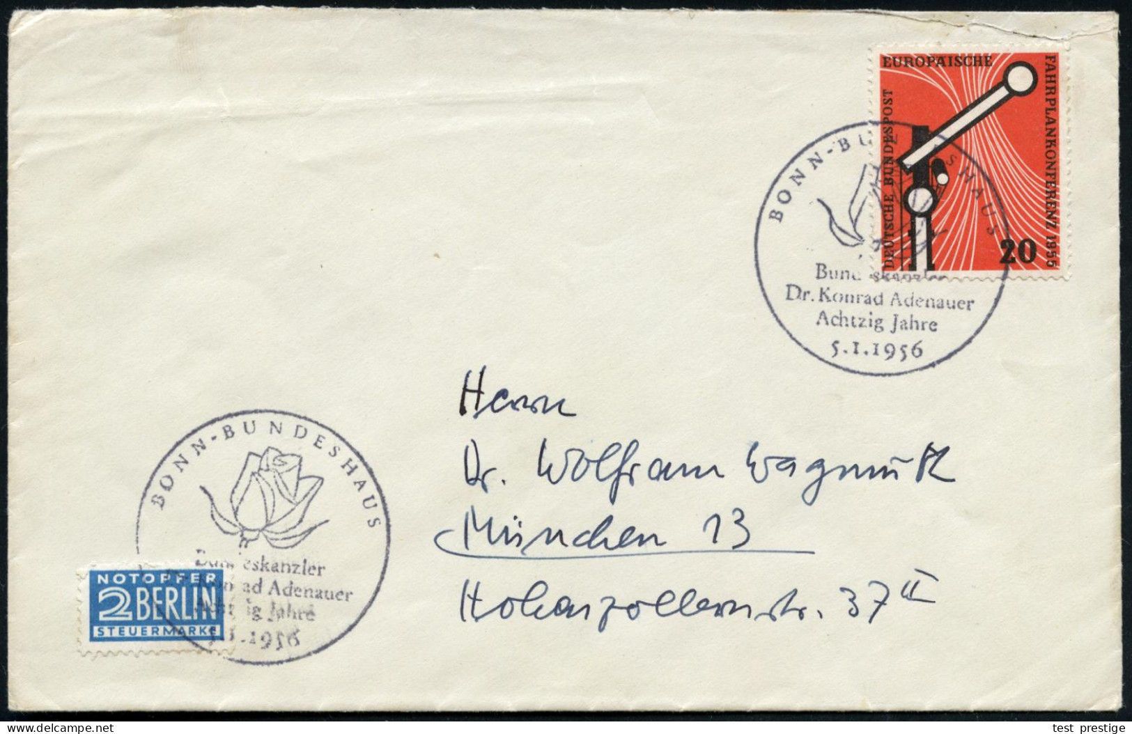 BONN-BUNDESHAUS/ Bundeskanzler/ Dr.Konrad Adenauer/ Achtzig Jahre 1956 (5.1.) SSt = Hauspostamt Bundestag (1 Rose) 2x Au - Other & Unclassified