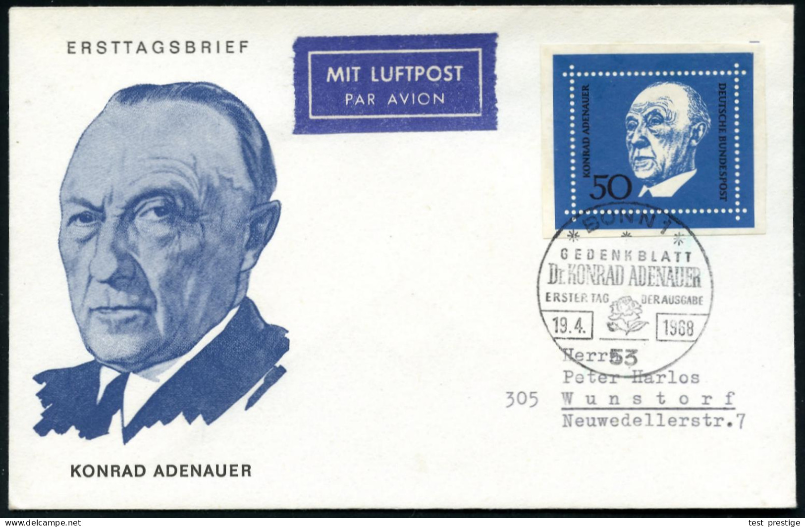 B.R.D. 1968 (19.4.) 50 Pf. Adenauer, EF Aus Block (Mi.557, EF,+ 17.-EUR) + ET-SSt.: 53 BONN 1.., Inl.-Flp.-FDC-SU  (Bo.1 - Autres & Non Classés