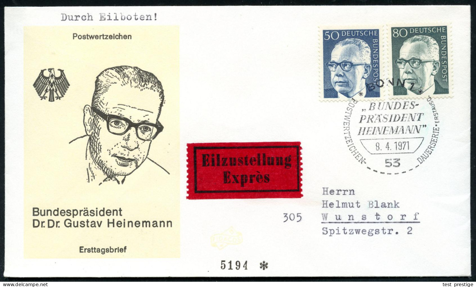 B.R.D. 1970/71 Gustav Heinemann, Kompl.Satz Auf 6 FDC-SU , Dabei Eil-, Eil-R- Bzw. 2 R-Bfe.!, Alle Mit ET-SSt.: 53 BONN  - Otros & Sin Clasificación