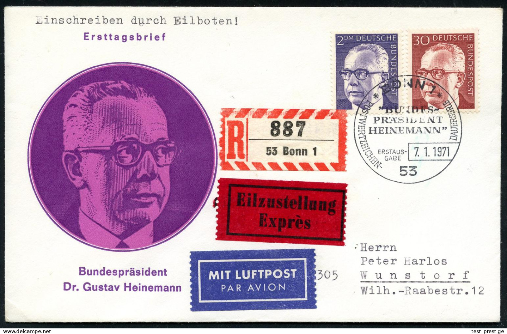 B.R.D. 1970/71 Gustav Heinemann, Kompl.Satz Auf 6 FDC-SU , Dabei Eil-, Eil-R- Bzw. 2 R-Bfe.!, Alle Mit ET-SSt.: 53 BONN  - Other & Unclassified