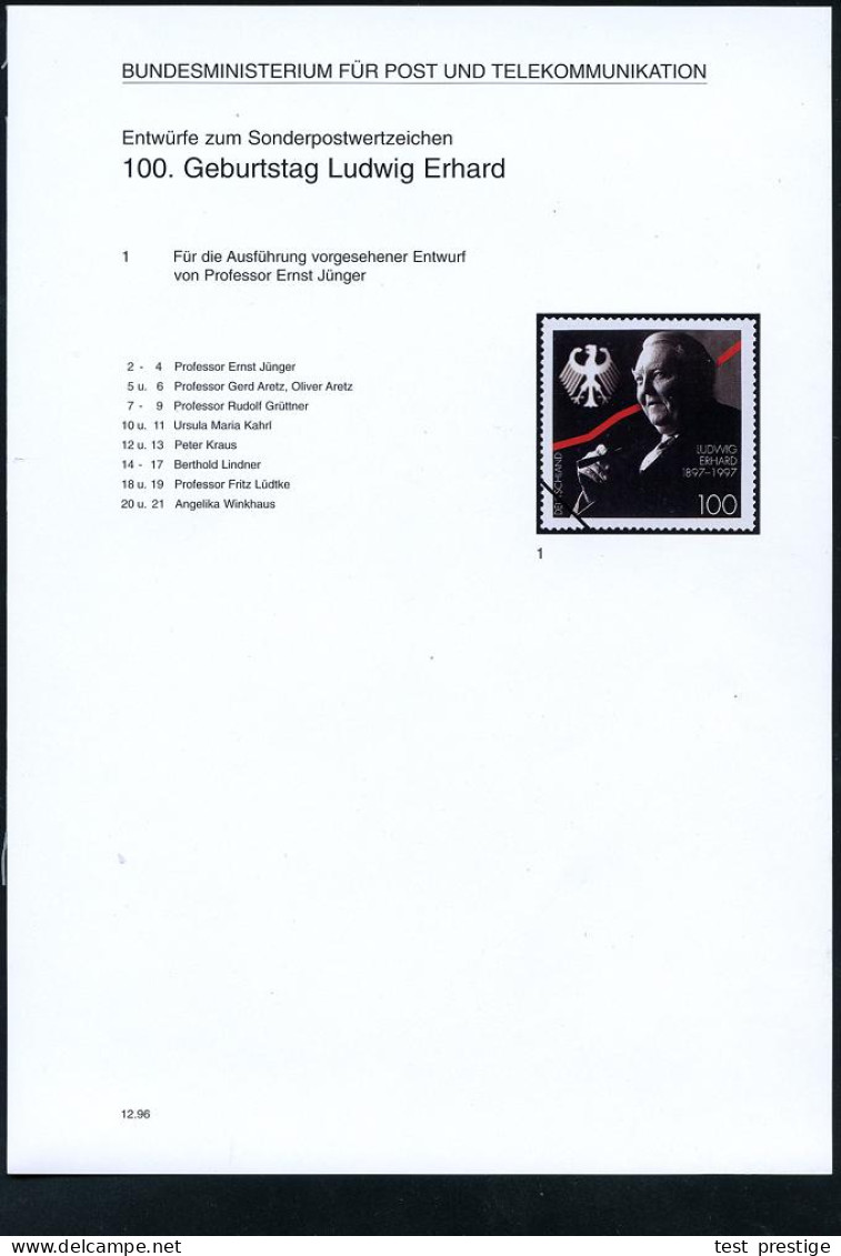 B.R.D. 1996 (Dez.) 100 Pf. "100. Geburtstag Ludw. Erhard", 21 Verschied. Color-Entwürfe D. Bundesdruckerei Auf 5 Entwurf - Andere & Zonder Classificatie