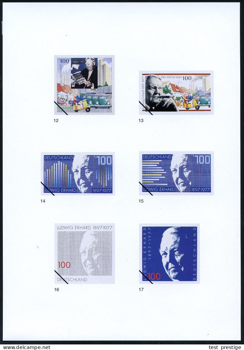 B.R.D. 1996 (Dez.) 100 Pf. "100. Geburtstag Ludw. Erhard", 21 Verschied. Color-Entwürfe D. Bundesdruckerei Auf 5 Entwurf - Autres & Non Classés