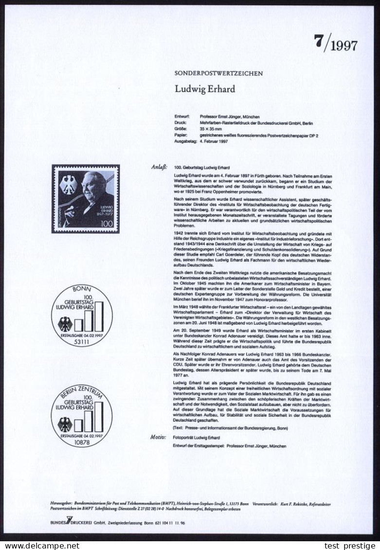 B.R.D. 1997 (Feb.) 100 Pf. "100. Geburstag Ludwig Erhard" Mit Amtl. Handstempel  "M U S T E R" , Postfr. + Amtl. Ankündi - Andere & Zonder Classificatie