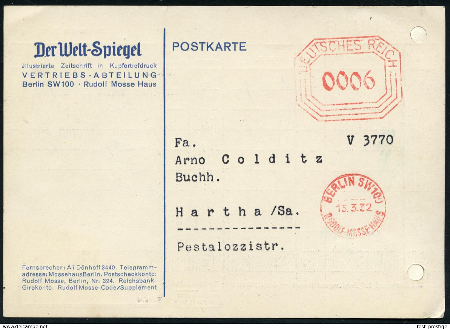 BERLIN SW 100/ RUDOLF-MOSSE-HAUS 1932 (15.3.) AFS-Vorläufer "Bafra", Vierstellig Mit Vertikalachse = Hauspostamt Rudolf  - Otros & Sin Clasificación