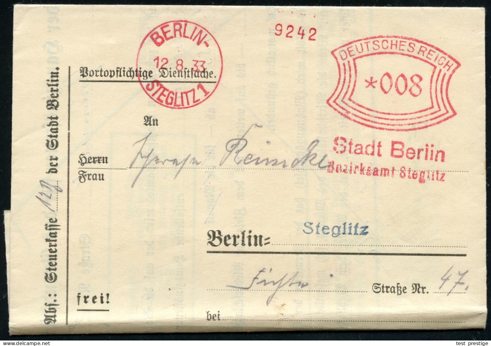 BERLIN-/ STEGLITZ/ Stadt Berlin/ Bezirksamt Steglitz 1933 (12.8.) AFS Francotyp Auf Orts-Faltbf. Mit Inhalt: Hauszinsste - Autres & Non Classés