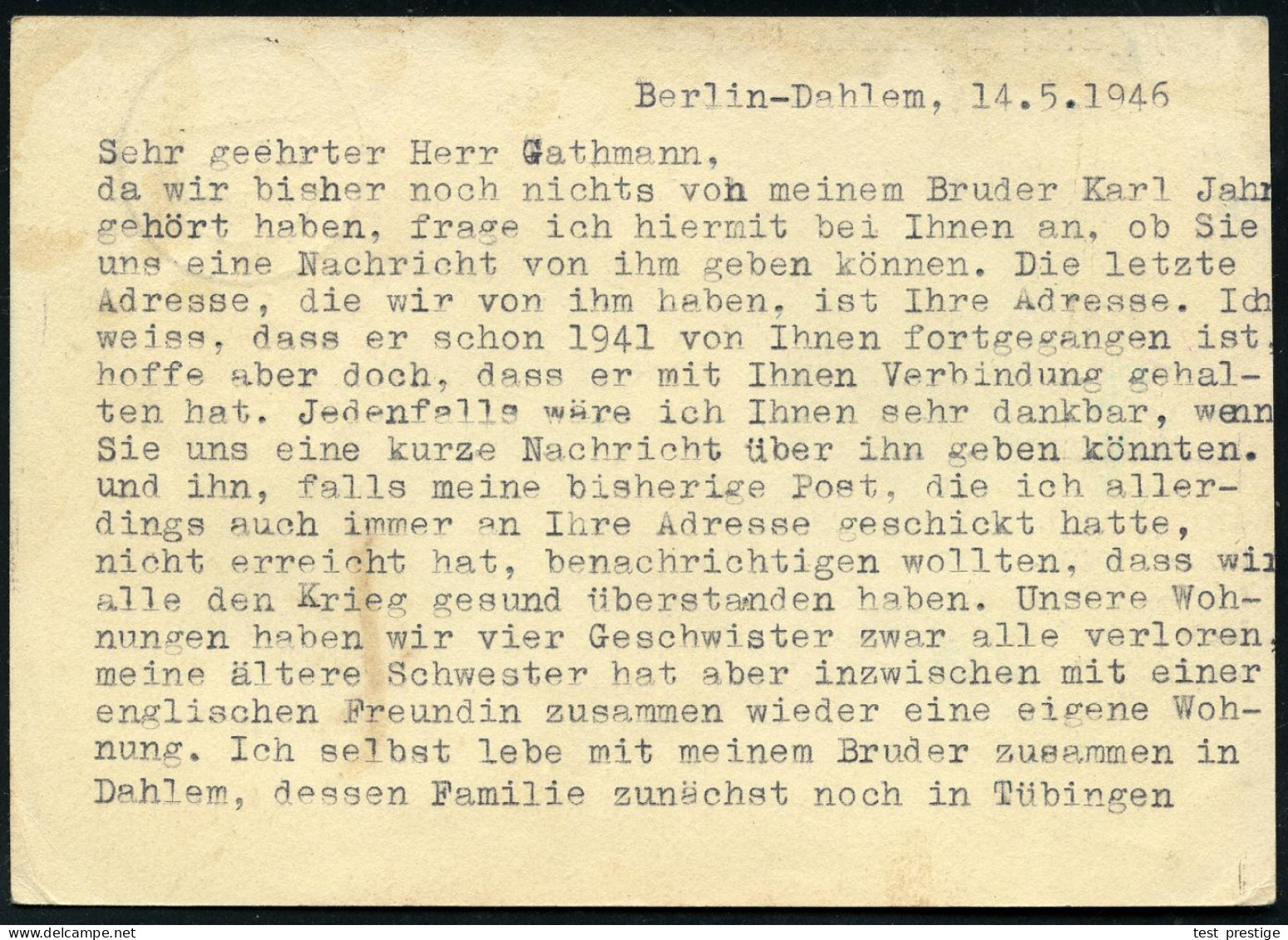 BERLIN W 66/ H 1946 (14.5.) 2K-Steg Auf Inl.-P. 6 Pf. "Stadt Berlin" (Bär) + Zusatzfrankatur 40 Pf. Ziffer Kontrollrat ( - Autres & Non Classés