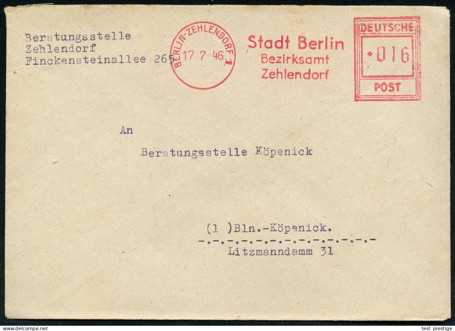 BERLIN-ZEHLENDORF 1/ Stadt/ Berlin/ Bezirksamt/ Zehlendorf 1946 (17.7.) AFS Francotyp "Hochrechteck" Auf Orts-Bf. N. Ost - Sonstige & Ohne Zuordnung