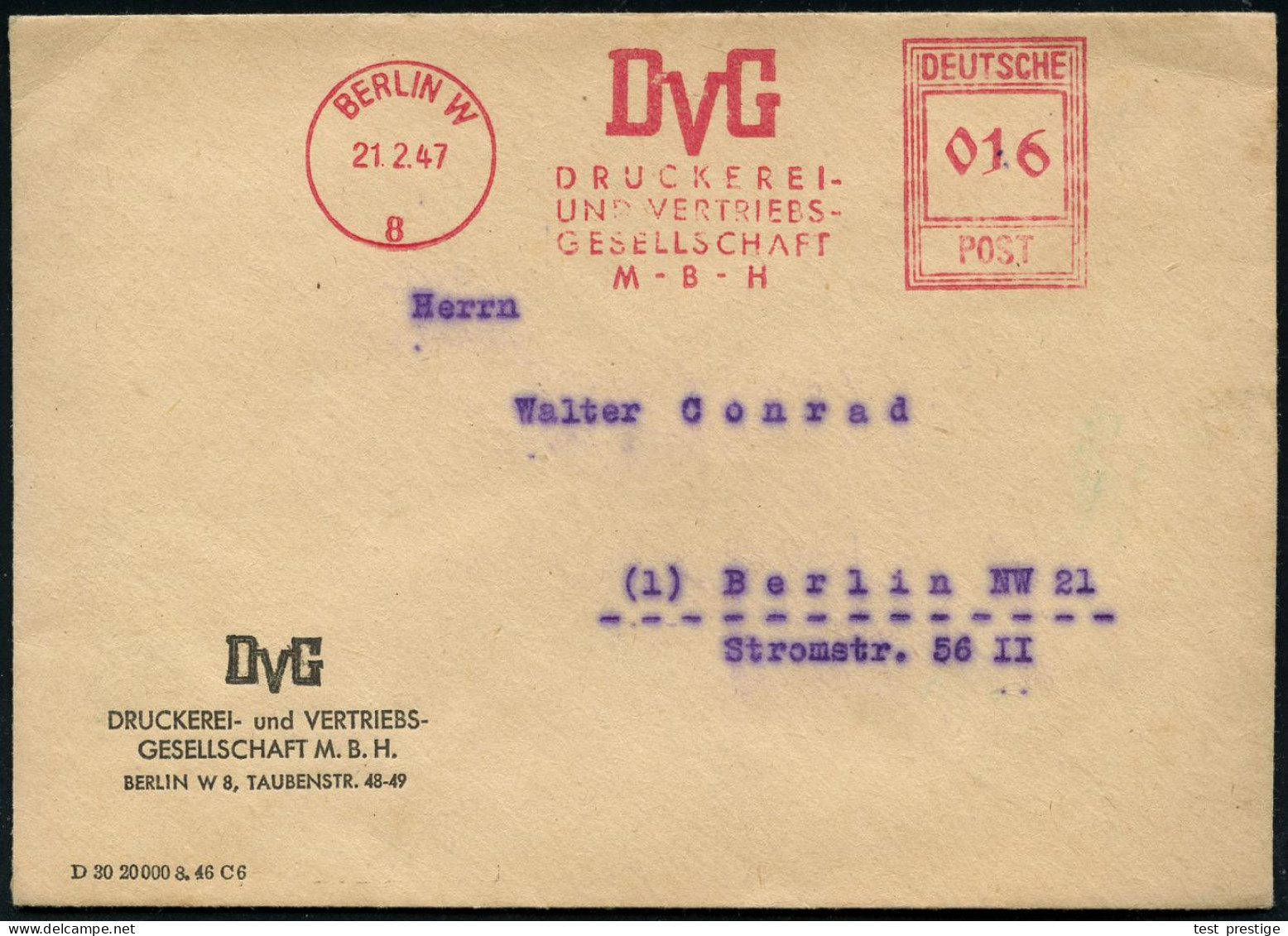 BERLIN W/ 8/ DVG/ DRUCKEREI-/ U.VERTRIEBS-/ GMBH 1947 (21.2.) AFS Francotyp "Hochrechteck" = Ost-Berlin , Orts-Firmen-Bf - Other & Unclassified