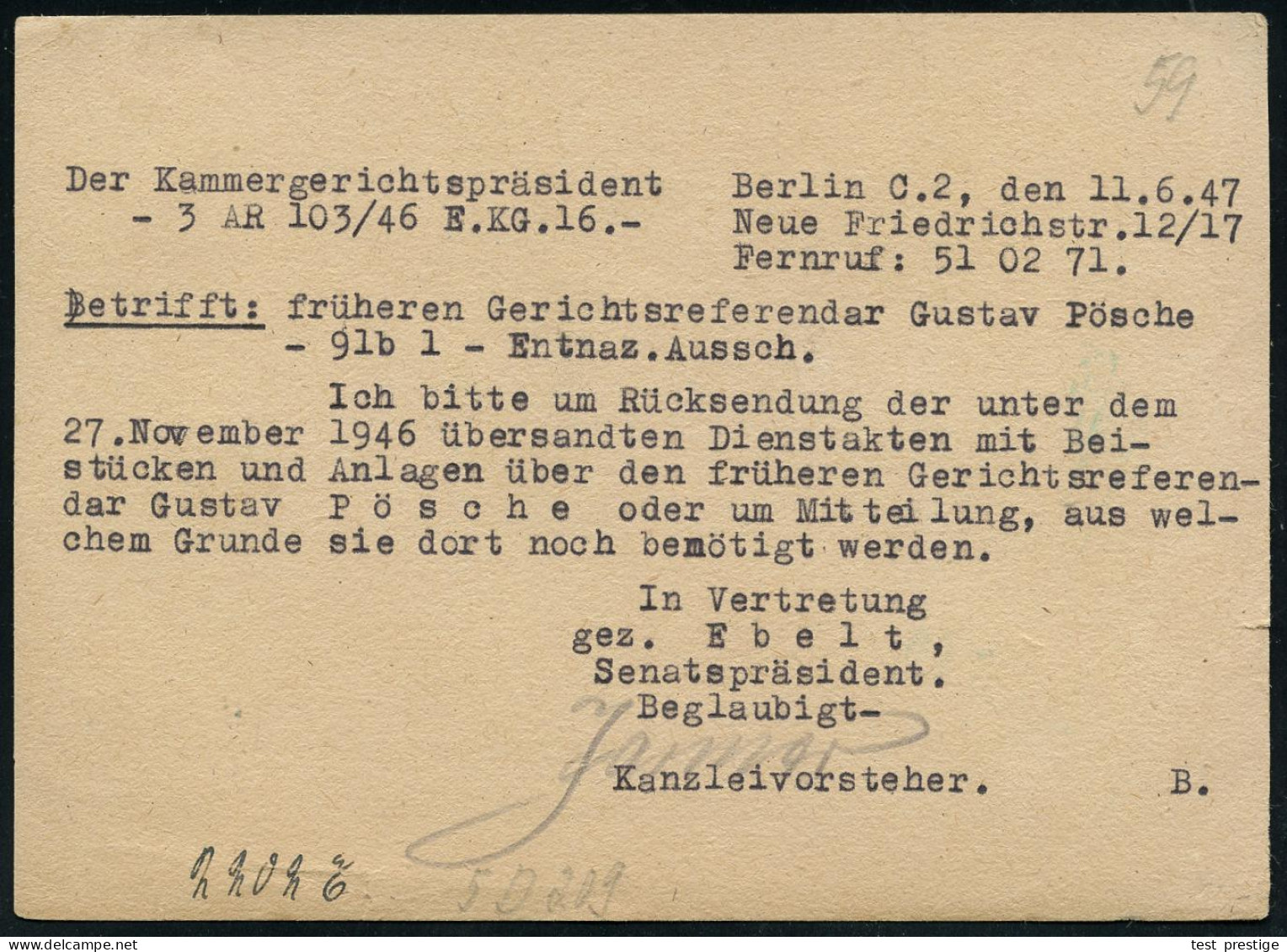 BERLIN C 2/ Justizbehörden.. 1947 (13.6.) AFS Francotyp "Hochrechteck" + Viol. 1K-HdN: Kammergericht Zu Berlin (Justitia - Autres & Non Classés