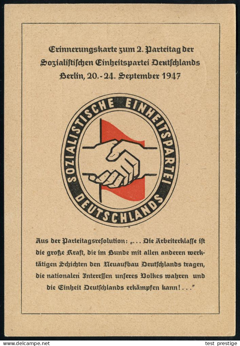 Berlin NW 7 1947 (20.9.) Aptierter SSt  O H N E  Ortsangabe: SED/2.PARTEITAG (2 Hände) Vom Alliierten Kontrollrat Nicht  - Sonstige & Ohne Zuordnung