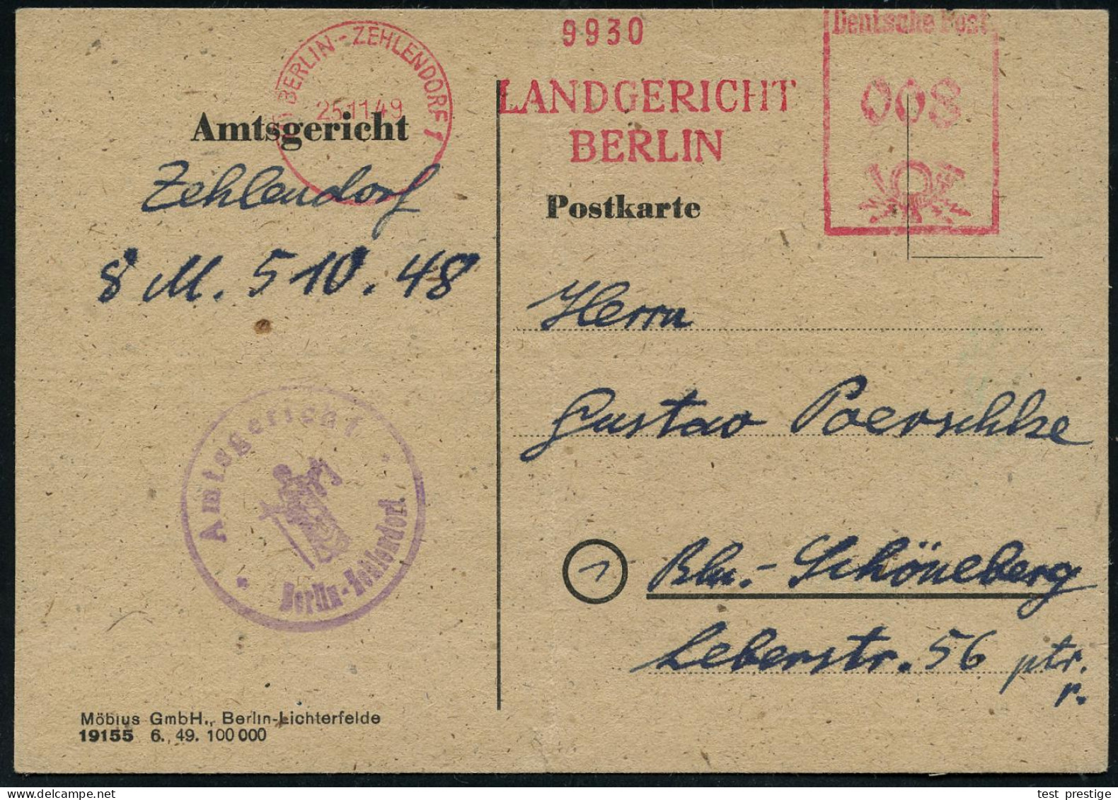 (1) BERLIN-ZEHLENDORF 1/ LANDGERICHT/ BERLIN 1949 (25.11.) AFS Francotyp 008 Pf. + Viol. HdN (Justitia) Ortskt., Vollstr - Autres & Non Classés