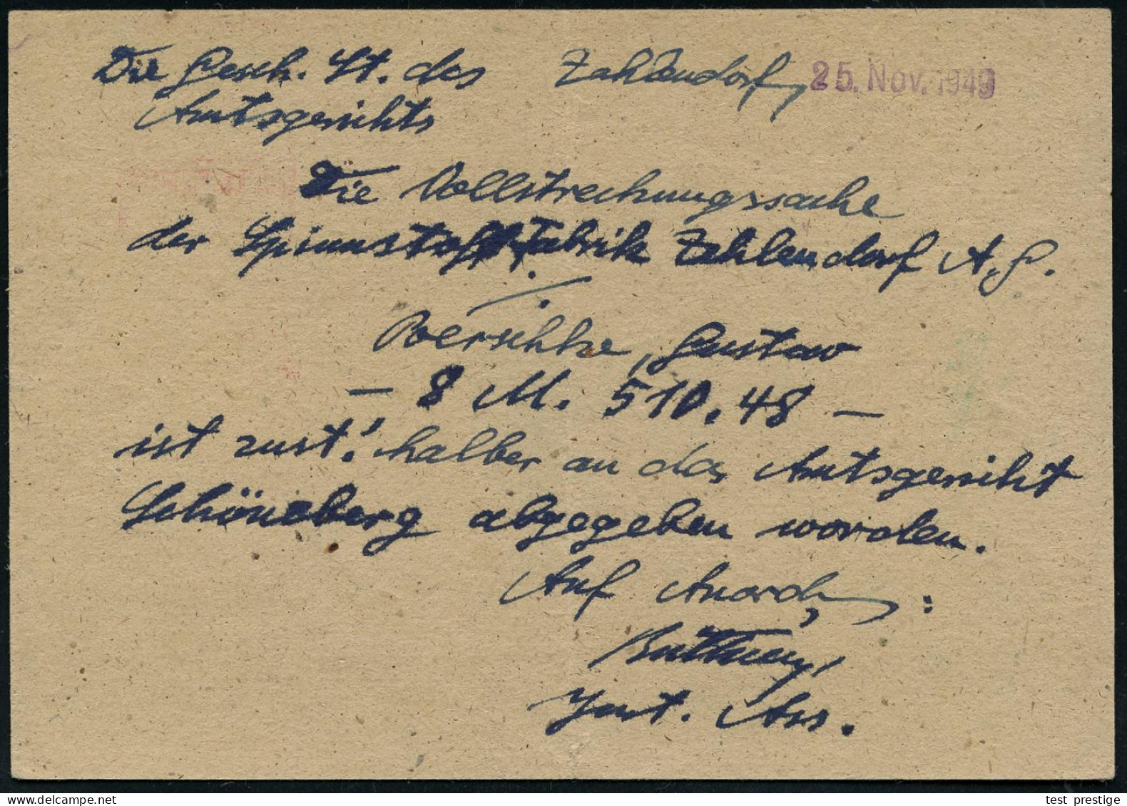 (1) BERLIN-ZEHLENDORF 1/ LANDGERICHT/ BERLIN 1949 (25.11.) AFS Francotyp 008 Pf. + Viol. HdN (Justitia) Ortskt., Vollstr - Other & Unclassified