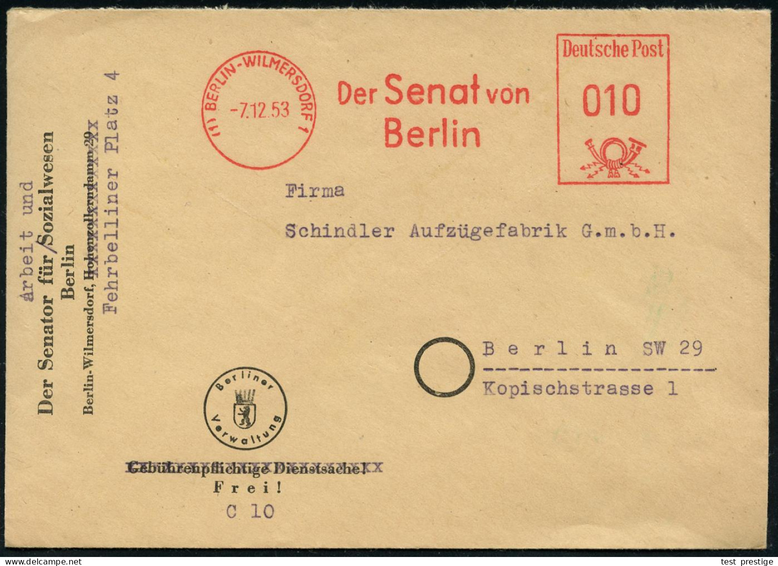 (1) BERLIN-WILMERSDORF 1/ Der Senat Von/ Berlin 1953 (7.12.) AFS Francotyp Auf Dienst-Bf.: Der Senator Für Sozialwesen.. - Sonstige & Ohne Zuordnung