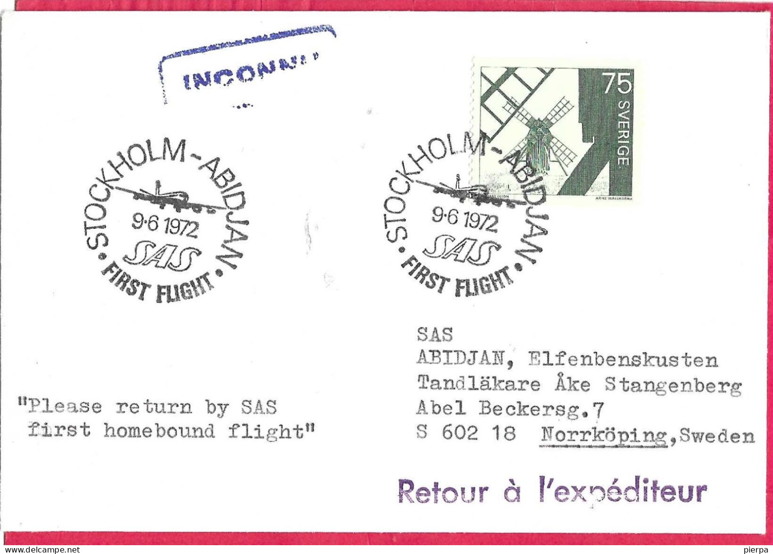 SVERIGE - FIRST FLIGHT SAS FROM STOCKHOLM TO ABIDJAN *9.6.1972* ON OFFICIAL COVER - Brieven En Documenten