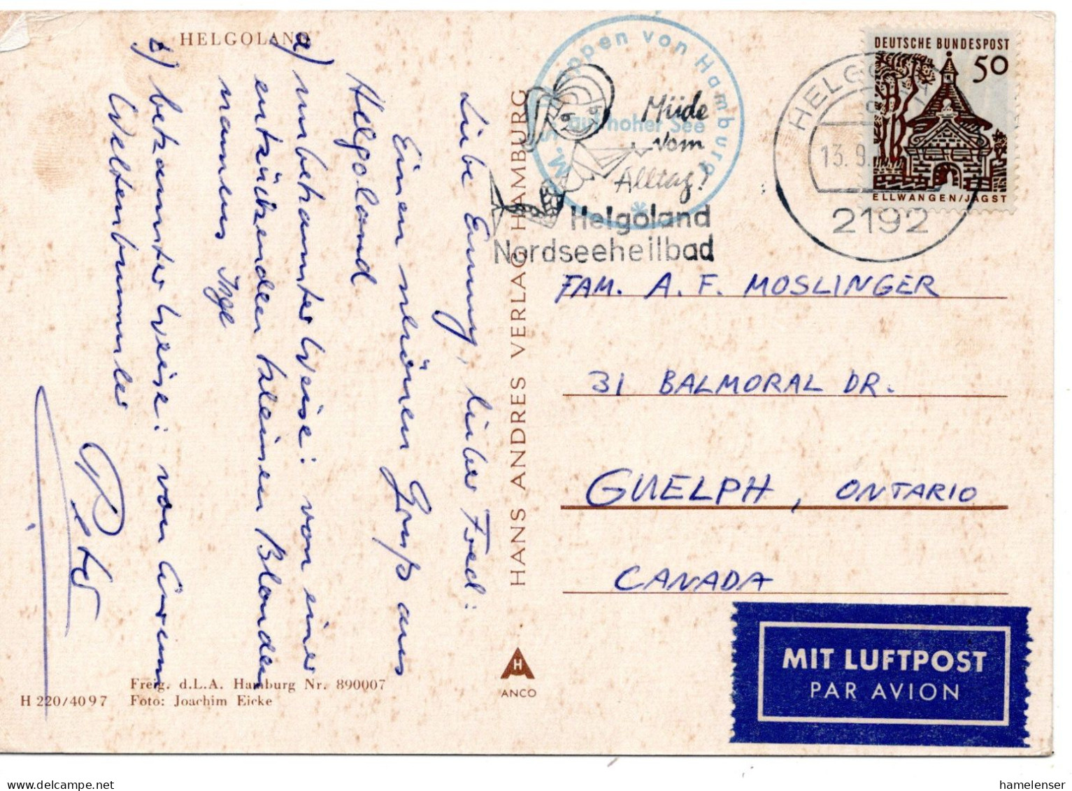 69762 - Bund - 1966 - 50Pfg Kl.Bauten EF A LpAnsKte HELGOLAND - ... -> Guelph, ON (Canada), M Schiffs-Bordstpl - Lettres & Documents