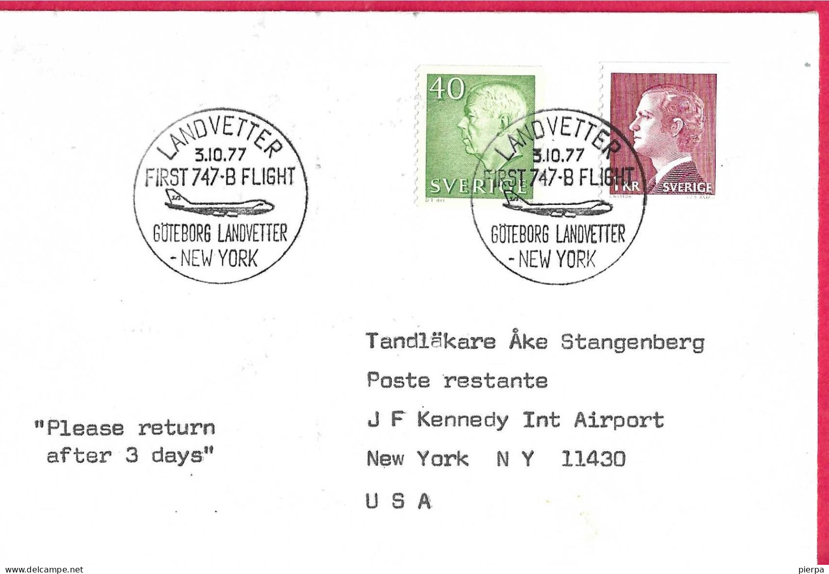 SVERIGE - FIRST 747-B FLIGHT  FROM GOTEBORG TO NEW YORK *9.6.1972* ON COVER - Covers & Documents