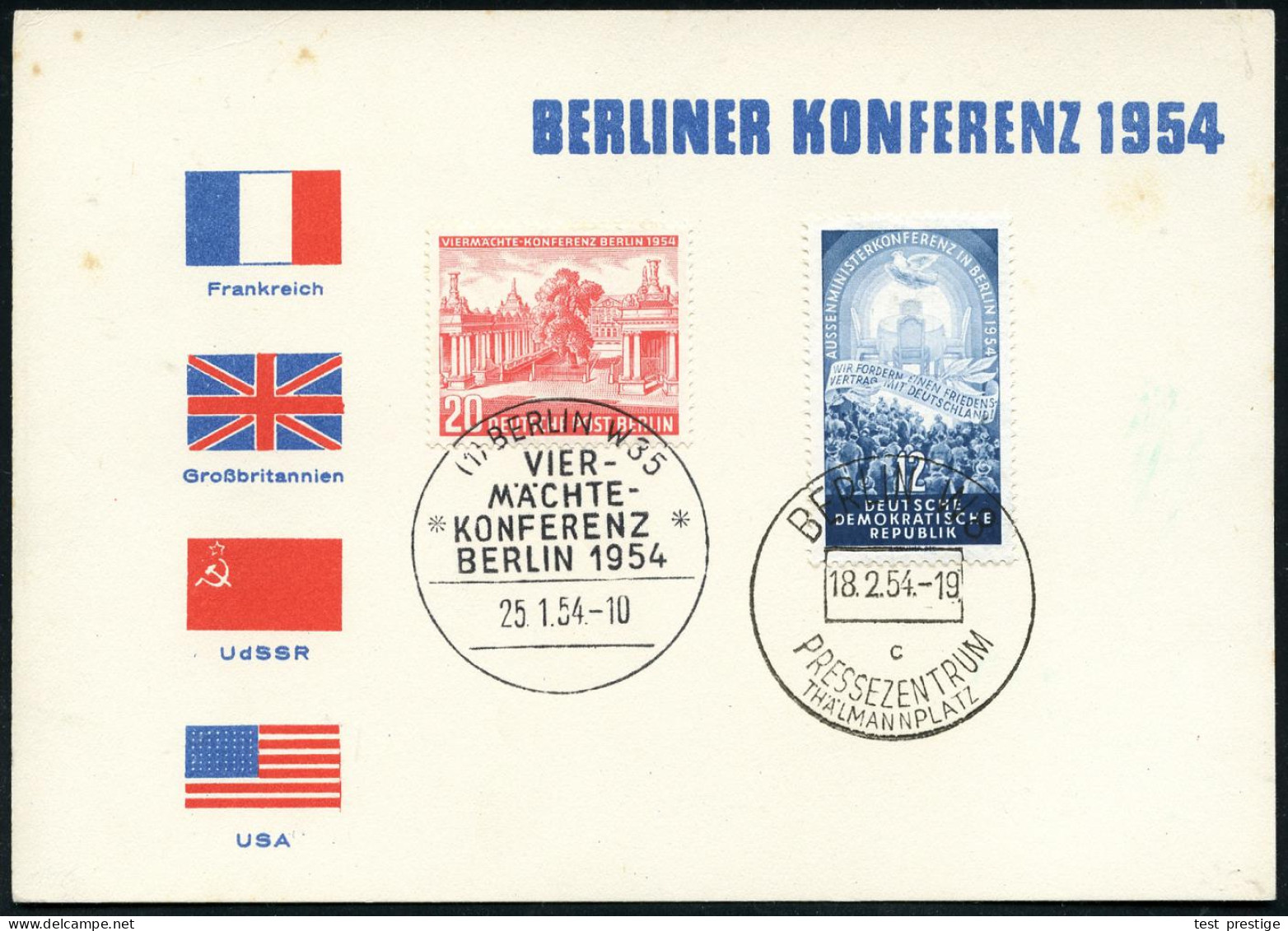 (1) BERLIN W35/ VIER-/ MÄCHTE-/ KONFERENZ 1954 (25.1.) SSt Auf MiF 20 Pf. 4-Mächte-Konferenz (Mi.116) + DDR 12 Pf. 4-Mäc - Otros & Sin Clasificación