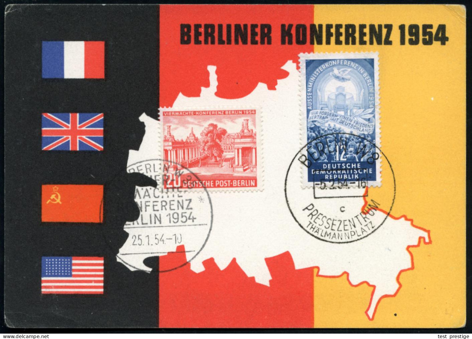 (1) BERLIN W35/ VIER-/ MÄCHTE-/ KONFERENZ 1954 (25.1.) SSt Auf MiF 20 Pf. 4-Mächte-Konferenz (Mi.116) + DDR 12 Pf. 4-Mäc - Autres & Non Classés