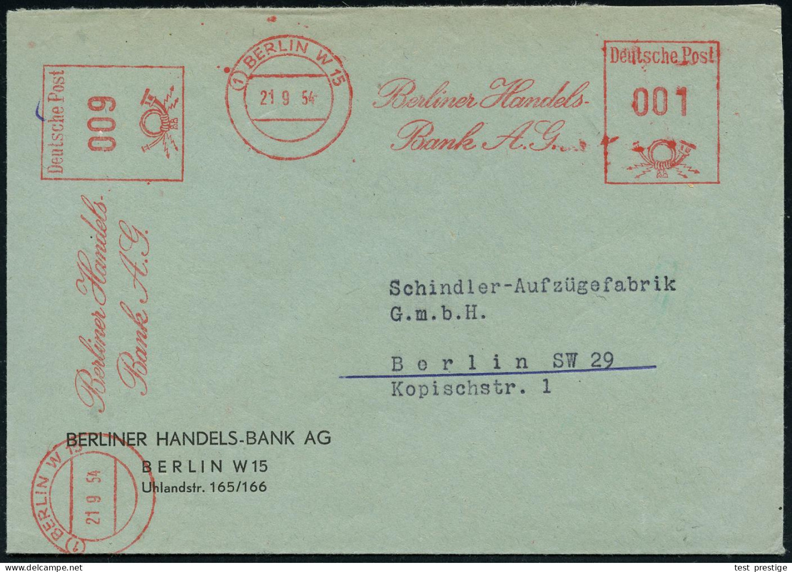 (1) BERLIN W 15/ Berliner Handels-/ Bank A.G. 1954 (21.9.) AFS Francotyp 001 Pf. + 009 Pf., Zusammegsetztes Orts-Porto F - Sonstige & Ohne Zuordnung