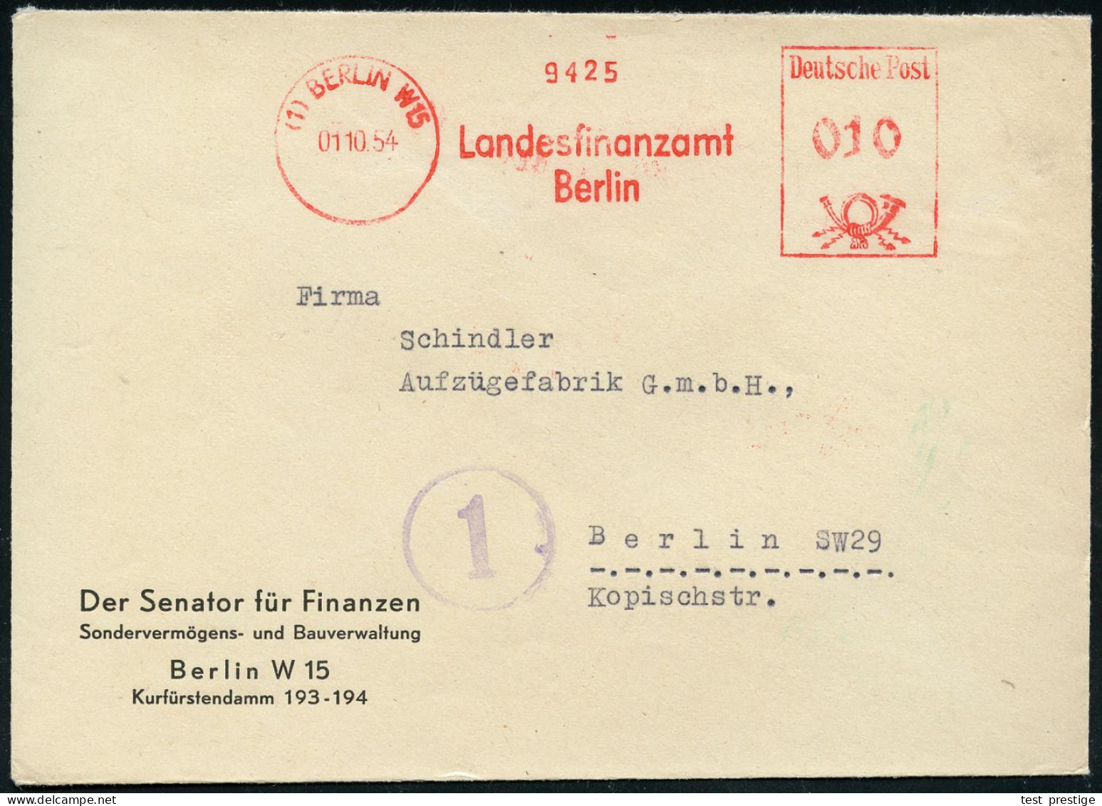 (1) BERLIN W15/ Landesfinanzamt 1954 (Okt.) AFS Francotyp Auf Dienst-Bf.: Der Senator Für Finanzen, Sondervermögens- U.  - Other & Unclassified