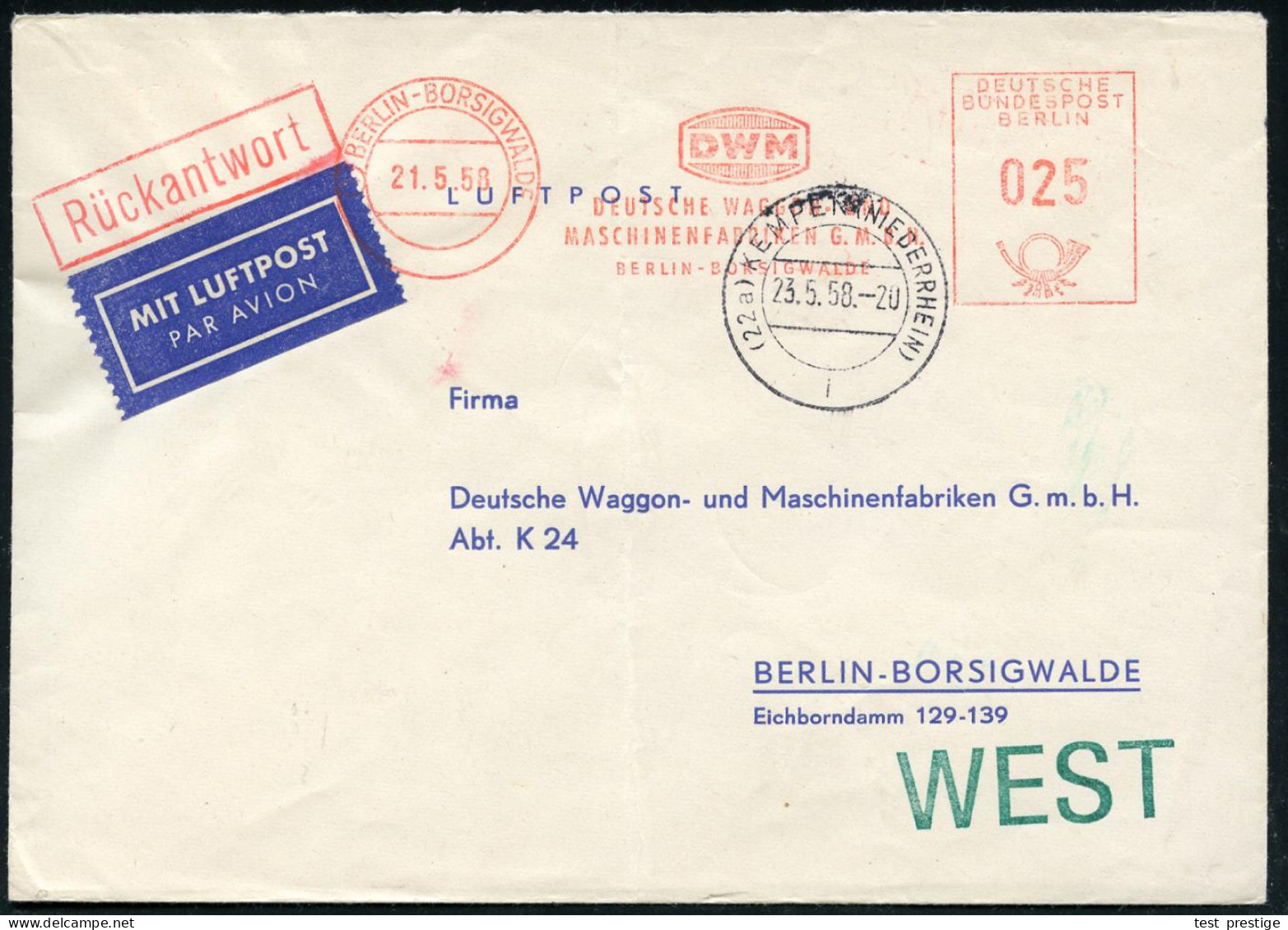 (1) BERLIN-BORSIGWALDE/ DMW/ DT.WAGGON-U./ MASCHINENFABRIKEN.. 1958 (1.8.) AFS Francotyp 025 Pf. = Vorausfrankierter Ant - Autres & Non Classés