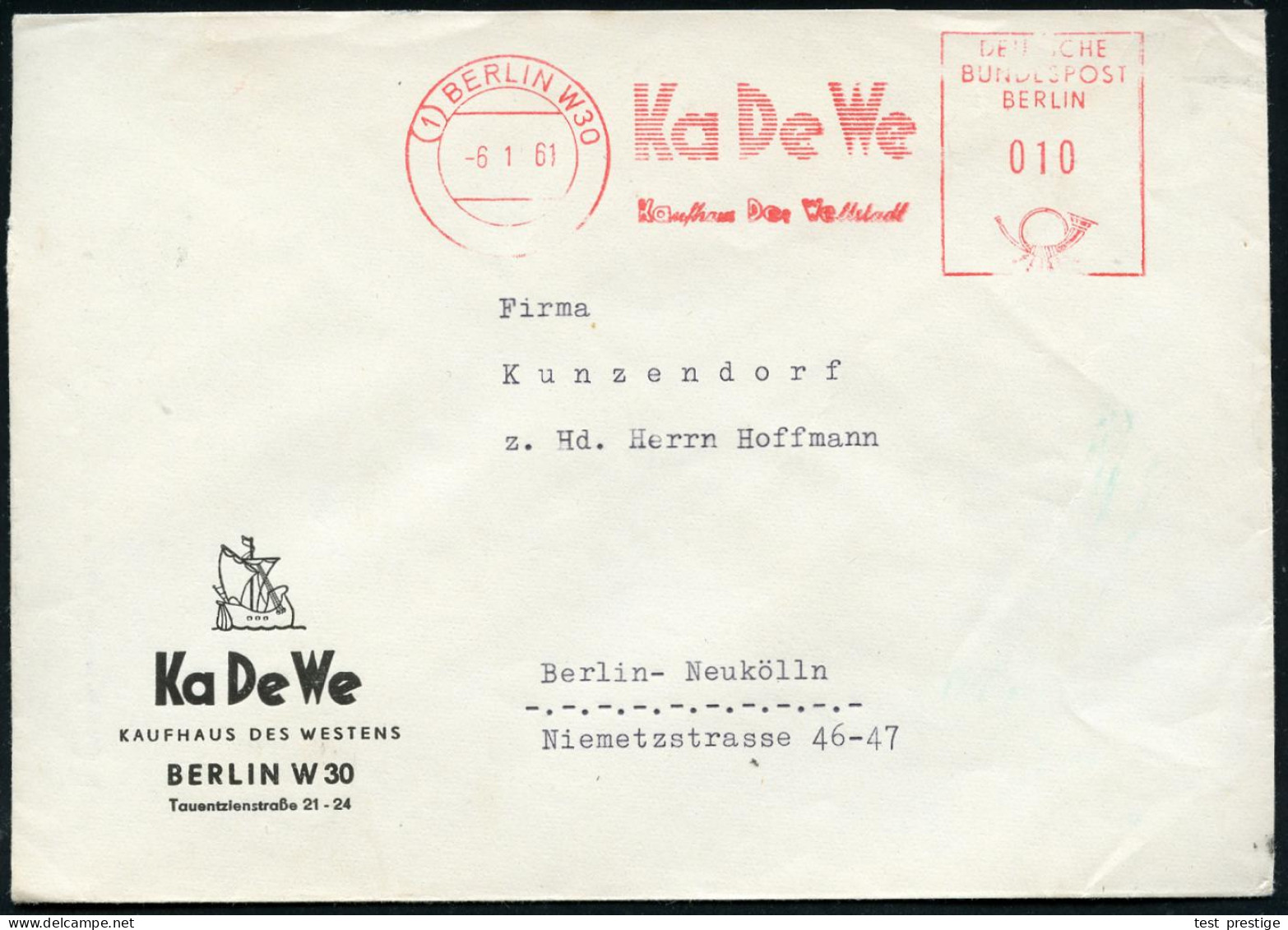 (1) BERLIN W 30/ KaDeWe/ Ka#ufhaus# De#r# We#ltstadt# 1961 (8.1.) AFS Postalia Auf Firmen-Bf: Ka De We, KAUFHAUS DES WES - Other & Unclassified