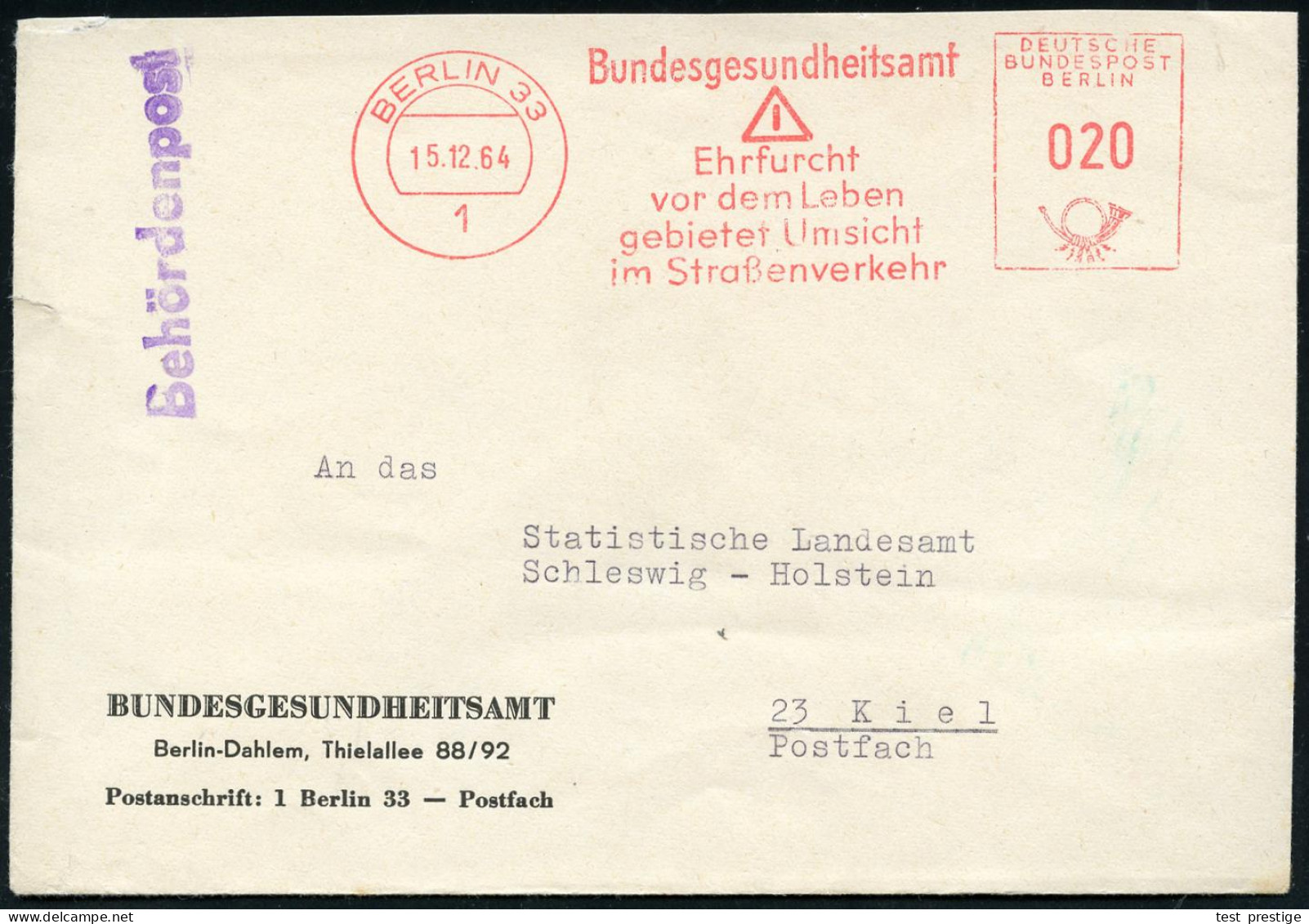 1 BERLIN 33/ Bundesgesundheitsamt/ ..Umsicht/ Im Straßenverkehr 1964 (15.12.) AFS Francotyp (Schild "Gefahr") + Viol. 1L - Sonstige & Ohne Zuordnung
