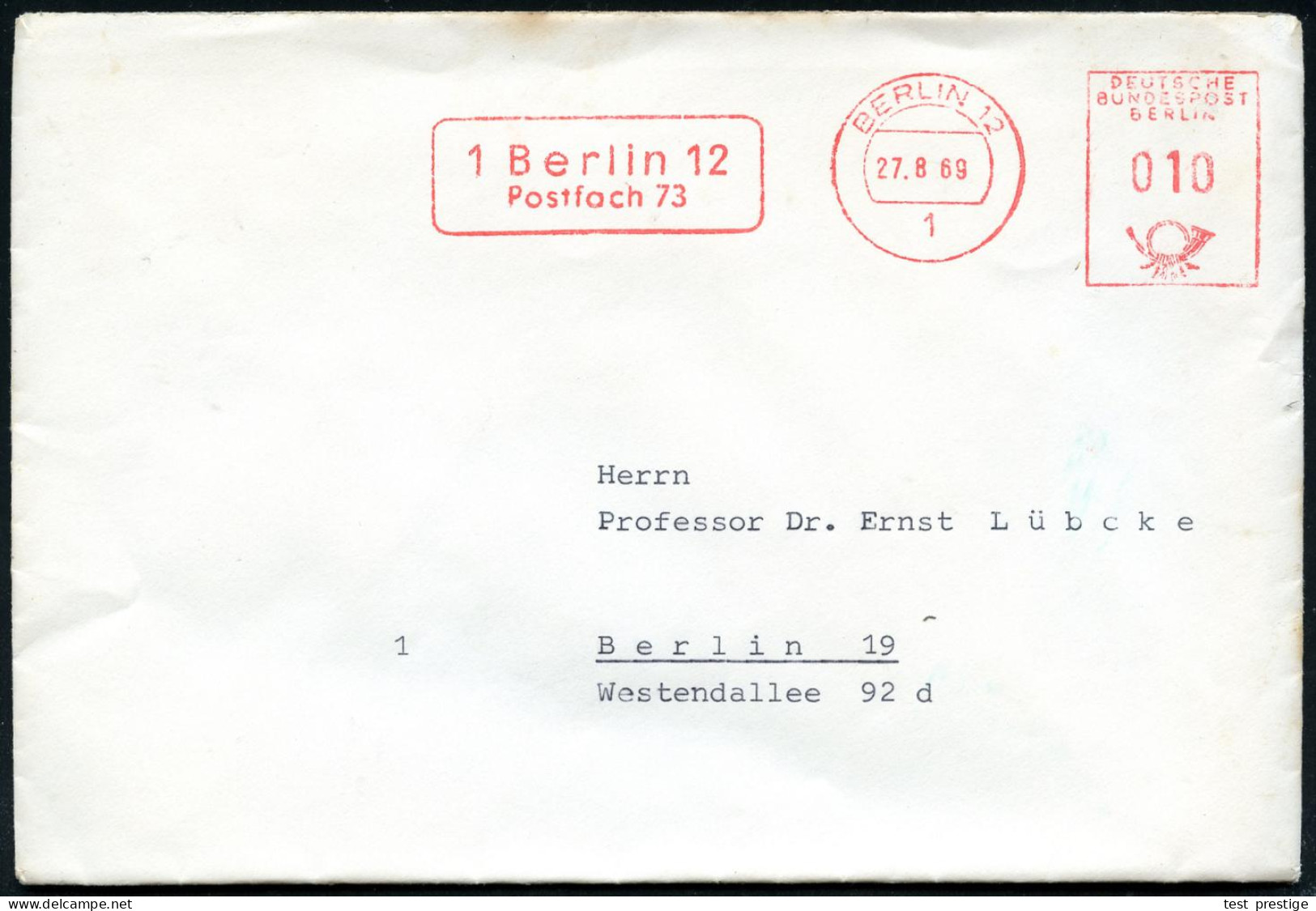 1 BERLIN 12/ ..Postfach 73 1969 (27.8.) Anonymer AFS Francotyp Auf Orts-Bf., Rs. Abs.-Vordruck: BANK FÜR HANDEL U. INDUS - Other & Unclassified