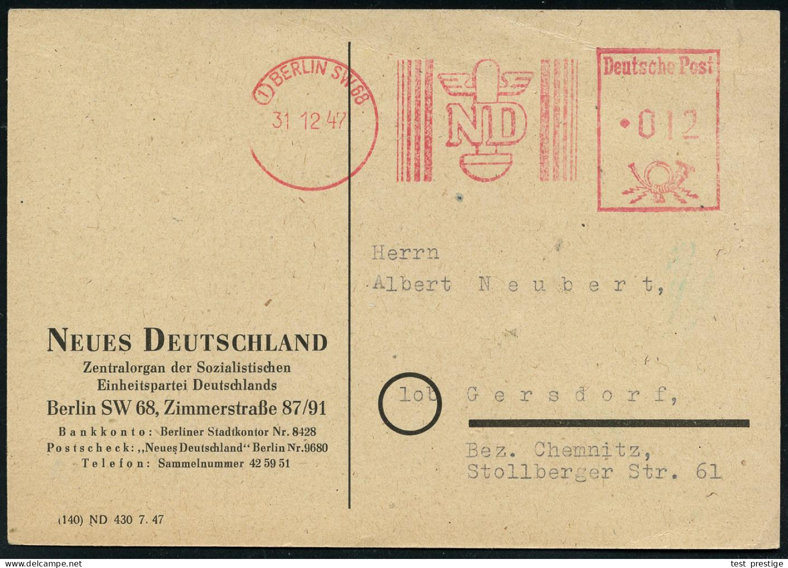 (1) BERLIN SW 68/ ND 1947 (31.12.) AFS Francotyp "Posthorn" Auf Firmen-Kt.: NEUES DEUTSCHLAND, Zentralorgan Der Sozialis - Otros & Sin Clasificación