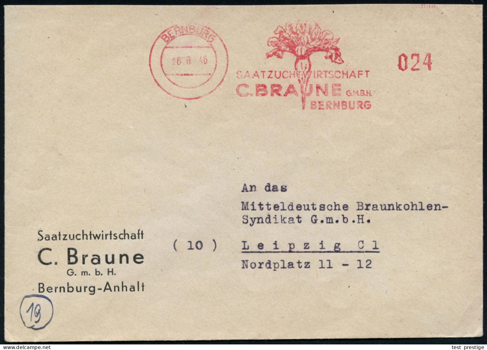 BERNBURG/ SAATZUCHTWIRTSCHAFT/ C.BRAUNE GmBH.. 1946 (8.6.) Seltener, Total Apzierter AFS Francotyp = Wertrahmen Kompl. E - Other & Unclassified