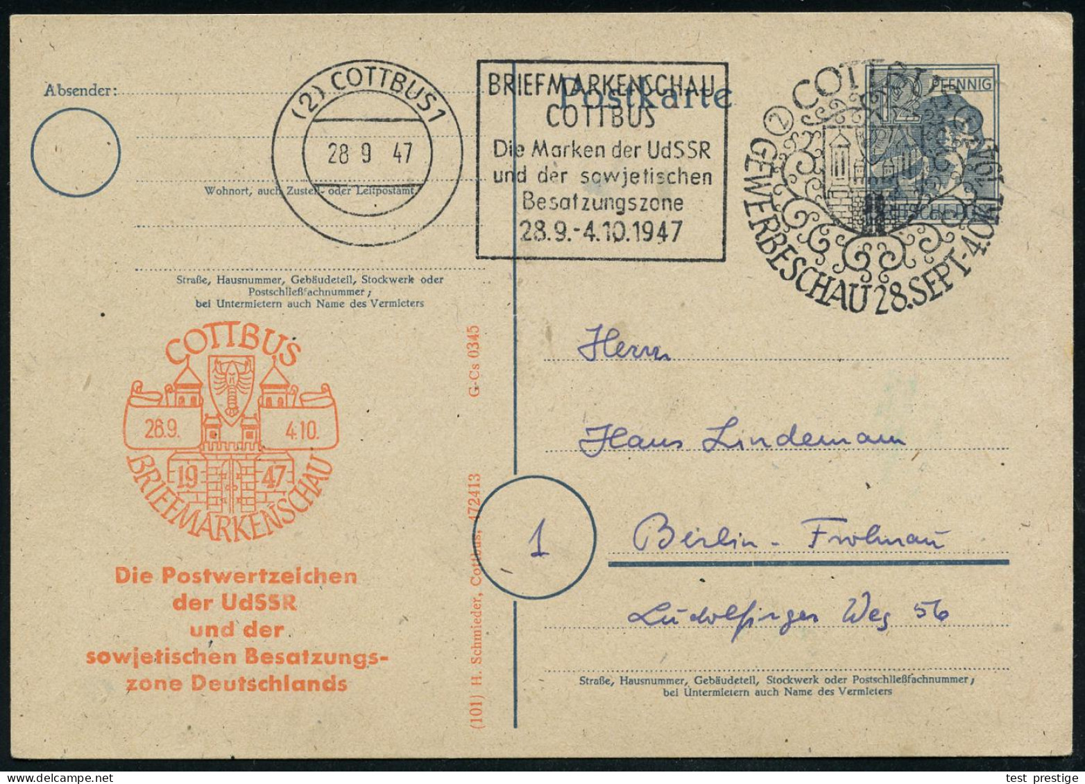 (2) COTTBUS 1/ BRIEFMARKENSCHAU/ ..Die Marken Der UdSSR/ U.der Sowjet./ Besatzungszone/ 28.9.-4.10./ J 1947 (28.9.) MWSt - Autres & Non Classés