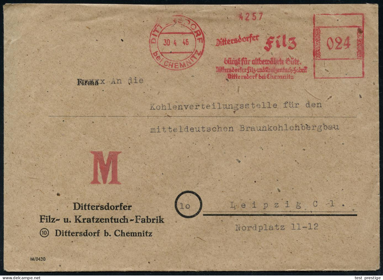 DITTERSDORF/ Bei CHEMNITZ/ Dittersdorfer Filz.. 1946 (30.4.) Seltener, Aptierter AFS Francotyp "Hakenkreuz" = Entfernt + - Otros & Sin Clasificación