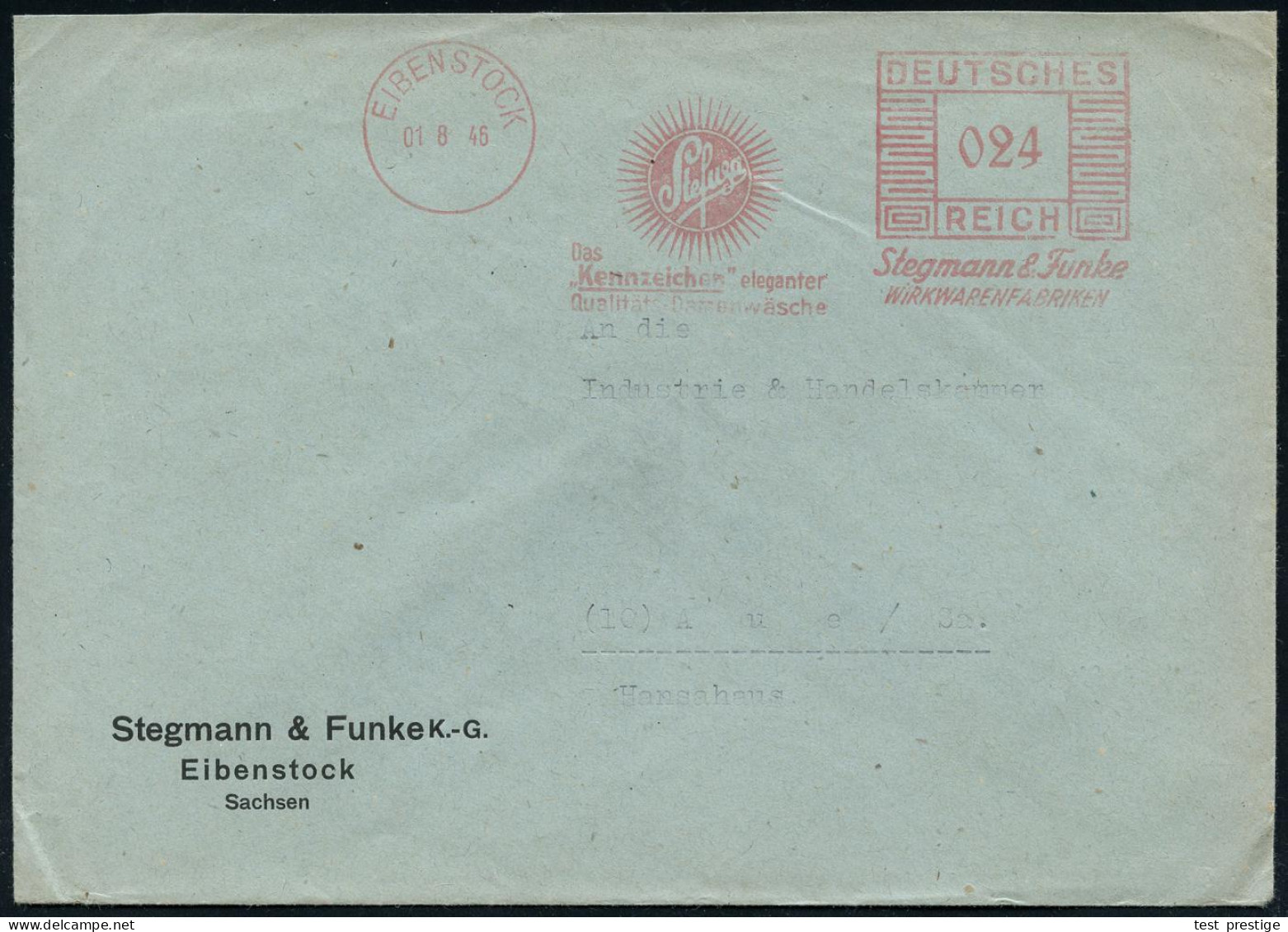 EIBENSTOCK/ Stefuga/ Das/ "Kennzeichen" Eleganter/ ..Damenwäsche 1946 (1.8.) Seltener AFS Francotyp "Mäanderrechteck"  U - Other & Unclassified