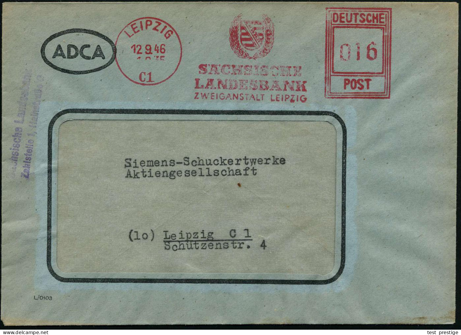LEIPZIG C1/ SÄCHSISCHE/ LANDESBANK.. 1946 (28.8.) Seltener AFS Francotyp "Hochrechteck" (Landeswappen) Alter ADCA-Firmen - Autres & Non Classés