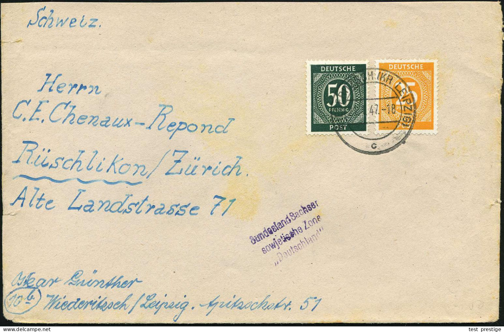 WIEDERITZSCH (KR LEIPZIG)/ C 1947 (21.2.) 2K-Steg + Amtl. HdN: Bundesland Sachsen/sowjetische Zone/"Deutschland" , Bedar - Otros & Sin Clasificación